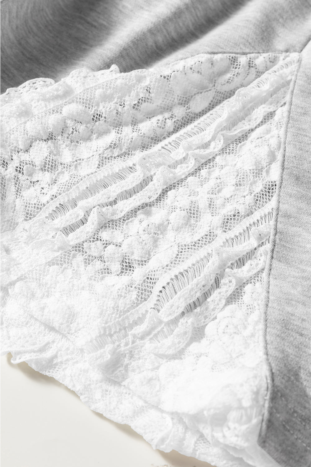 Light Grey Lace Patchwork Drop Shoulder Pullover Drawstring Skort 2pcs Outfit 🇺🇸