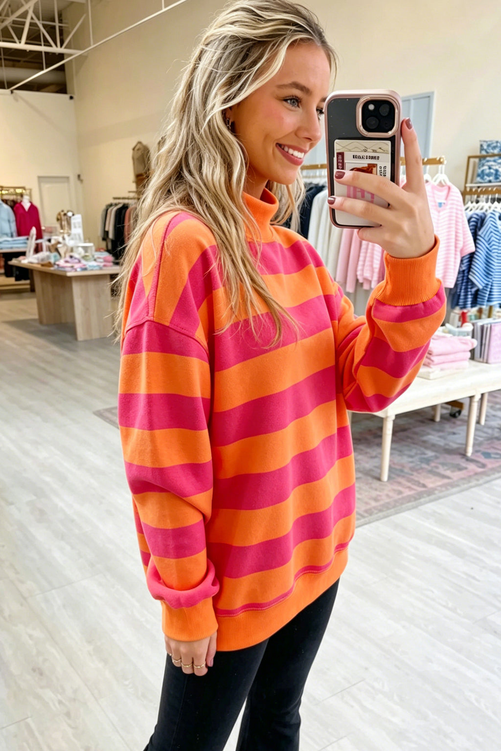Blue Stripe Colorblock Mock Neck Relaxed Sweatshirt 🇺🇸