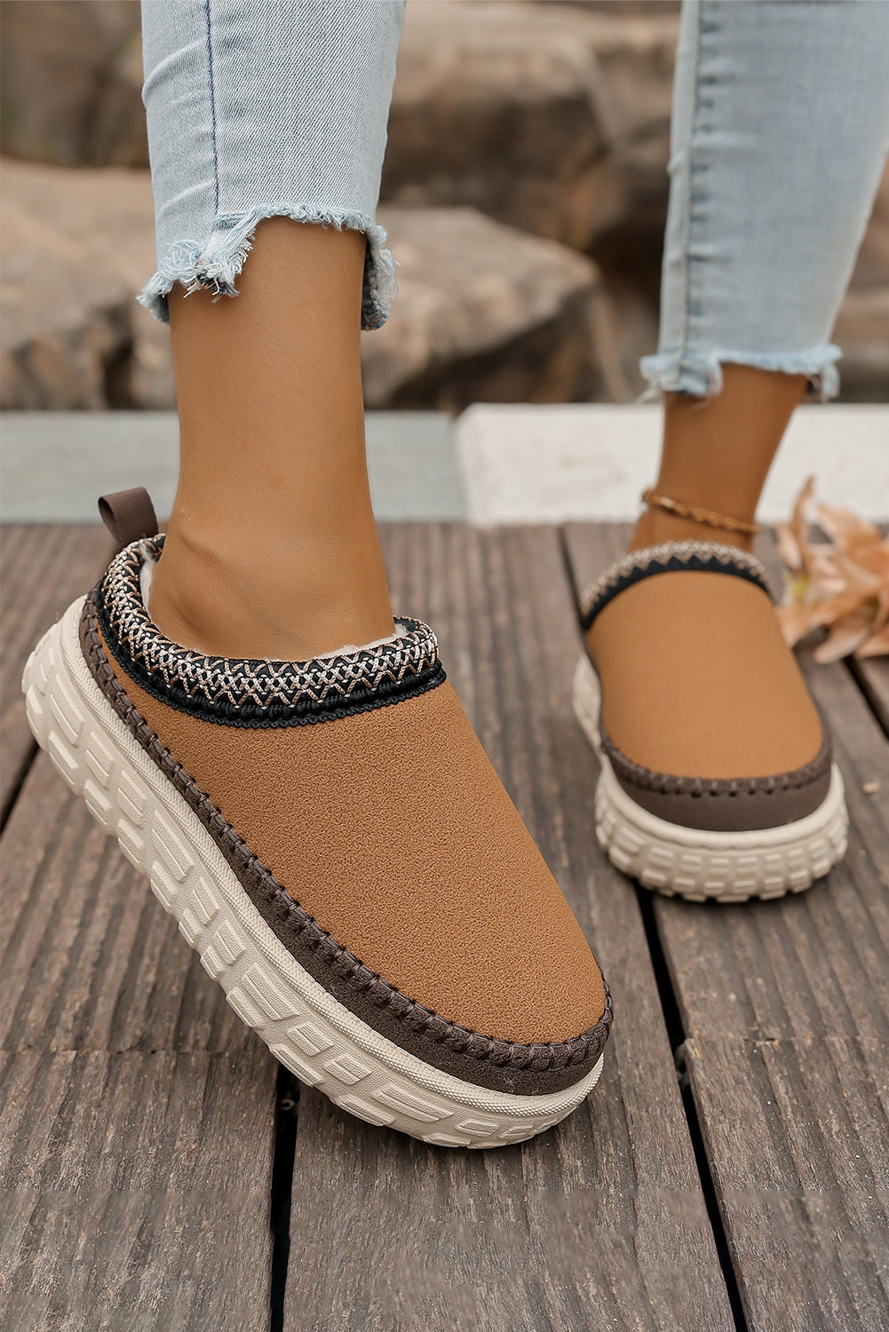 Black Faux Suede Woven Trim Plush Lining Platform Slippers 🇺🇸