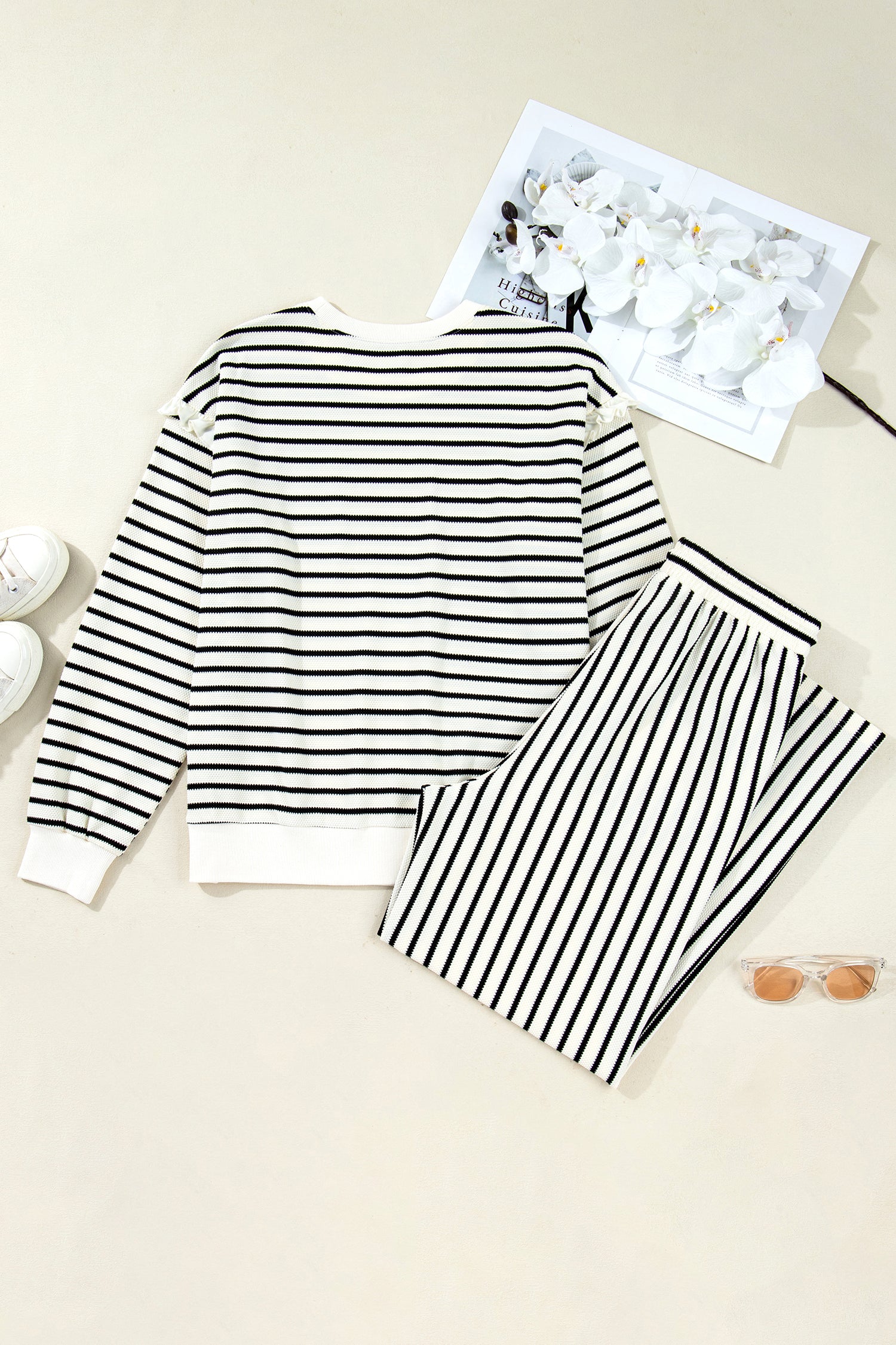 White Stripe Ruffle Trim Drop Shoulder Top Drawstring Loose Pant Set 🇺🇸