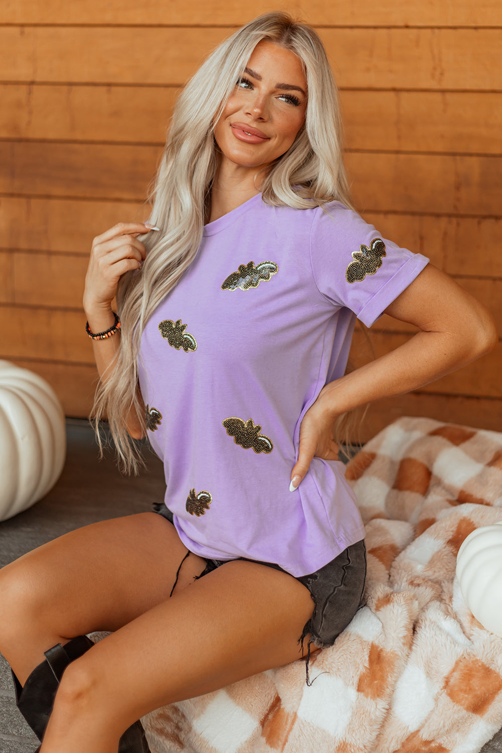 Wisteria Sequin Halloween Bat Patched Casual T Shirt 🇺🇸