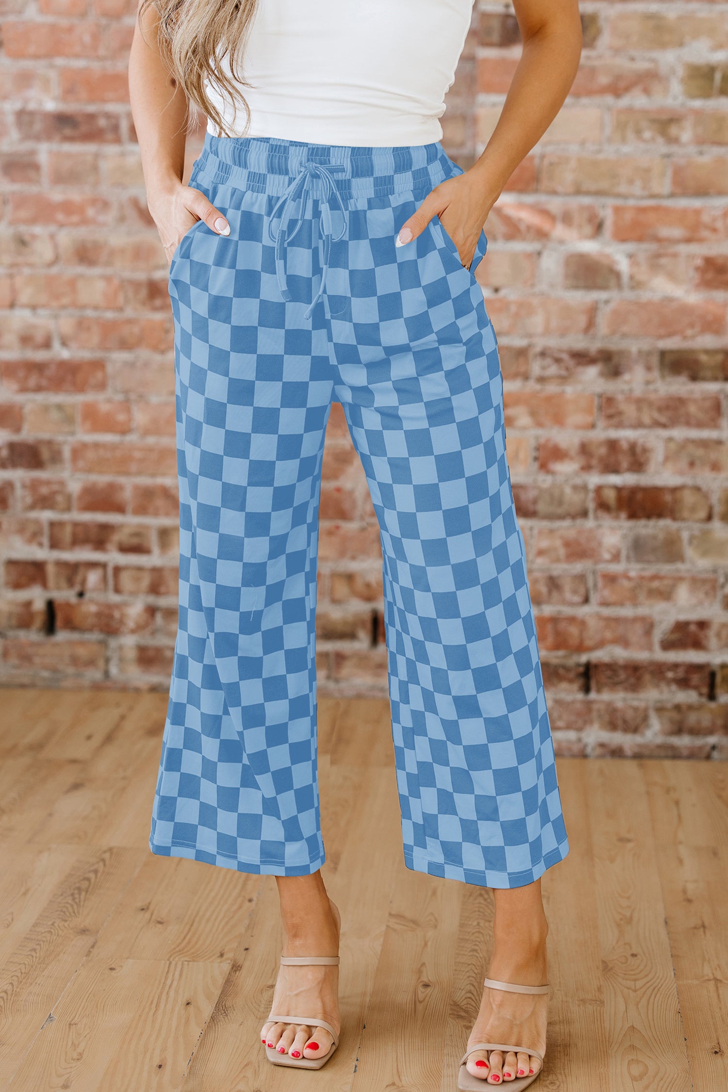 Sky Blue Checkered Elastic High Waist Loose Casual Pants 🇨🇳