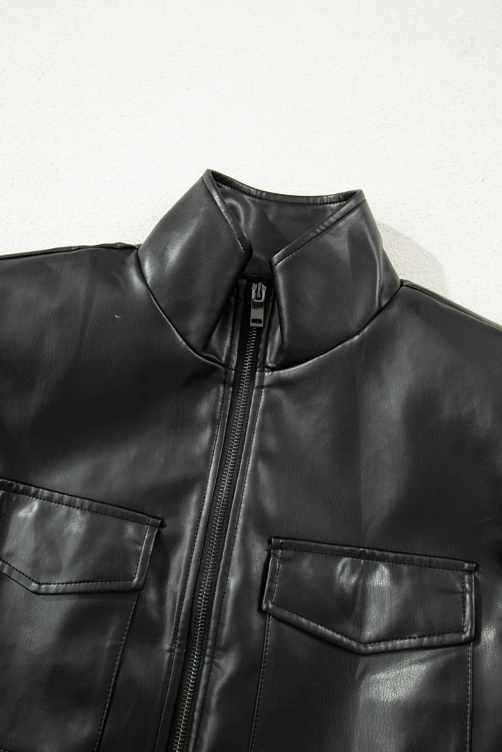 Black Double Flap Pocket Faux Leather Zip Up Stand Neck Vest 🇺🇸