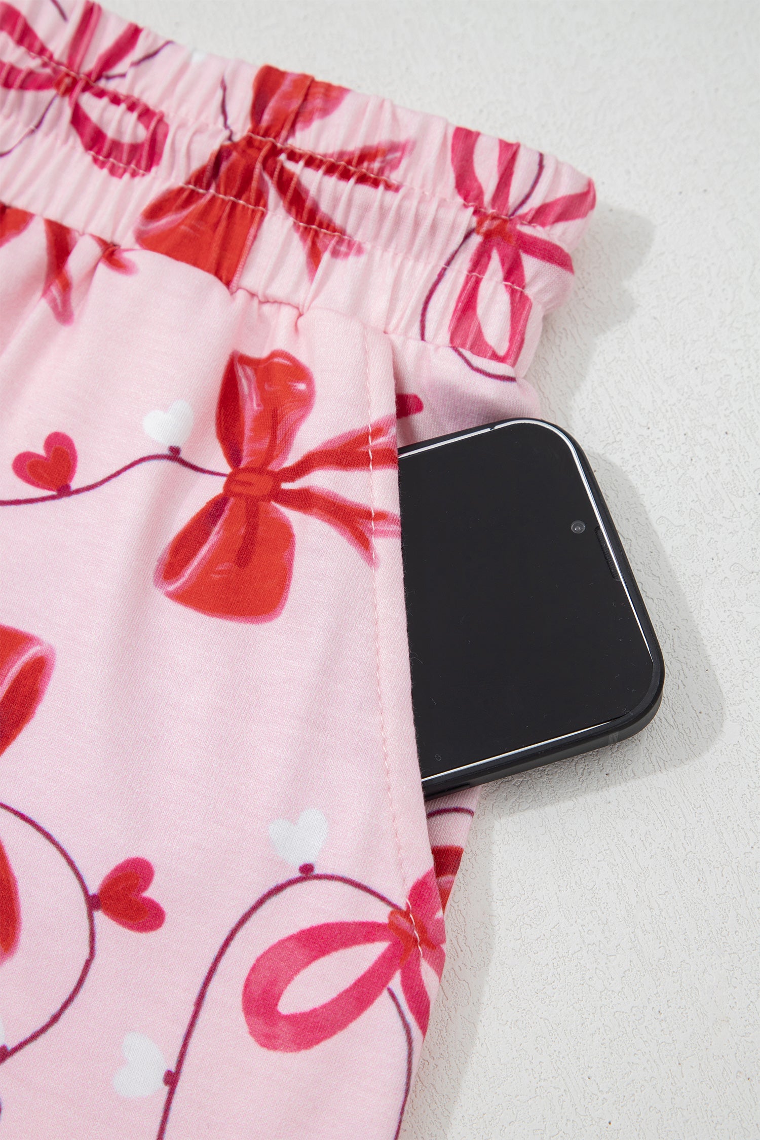 Red Romantic Bow Print Loose Tee Drawstring Shorts 2pcs Lounge Set 🇺🇸