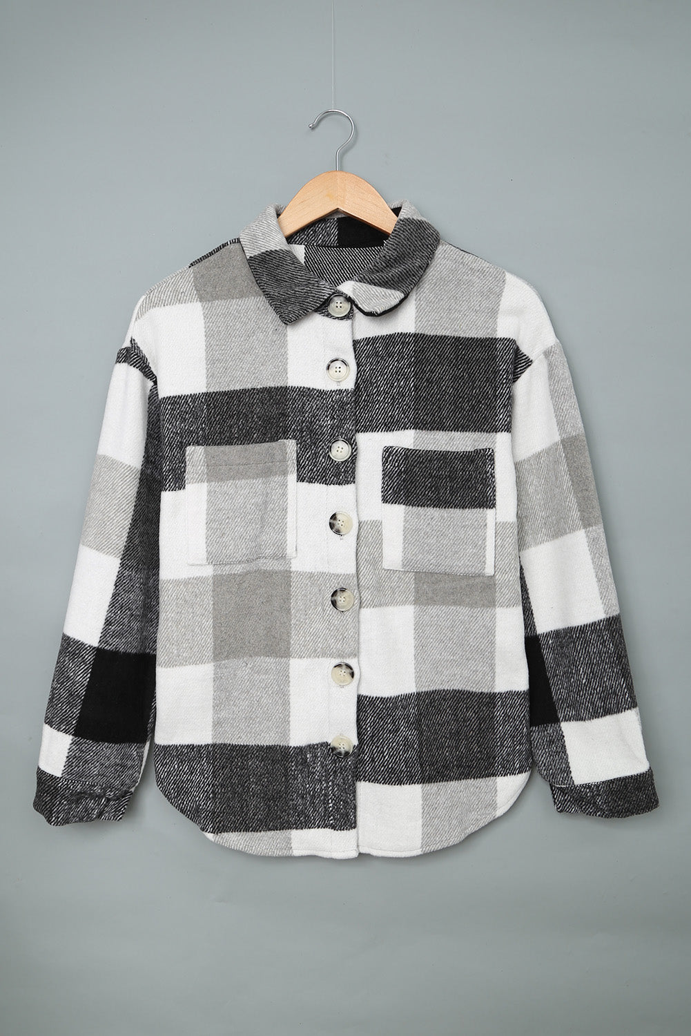 Gray Plaid Color Block Buttoned Long Sleeve Jacket with Pocket 🇺🇸