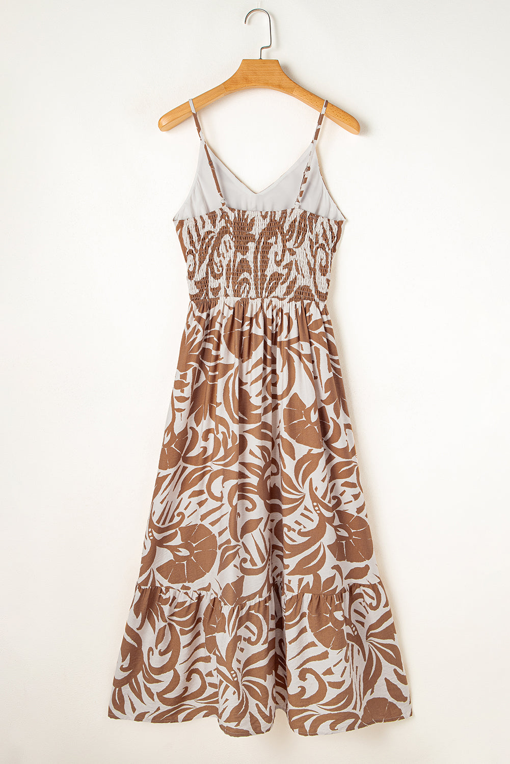 Khaki Floral Shirred High Waist Spaghetti Straps Maxi Dress 🇨🇳