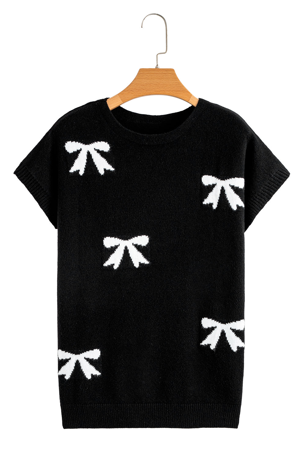 Black Bow Pattern Knit Short Sleeve Sweater 🇺🇲