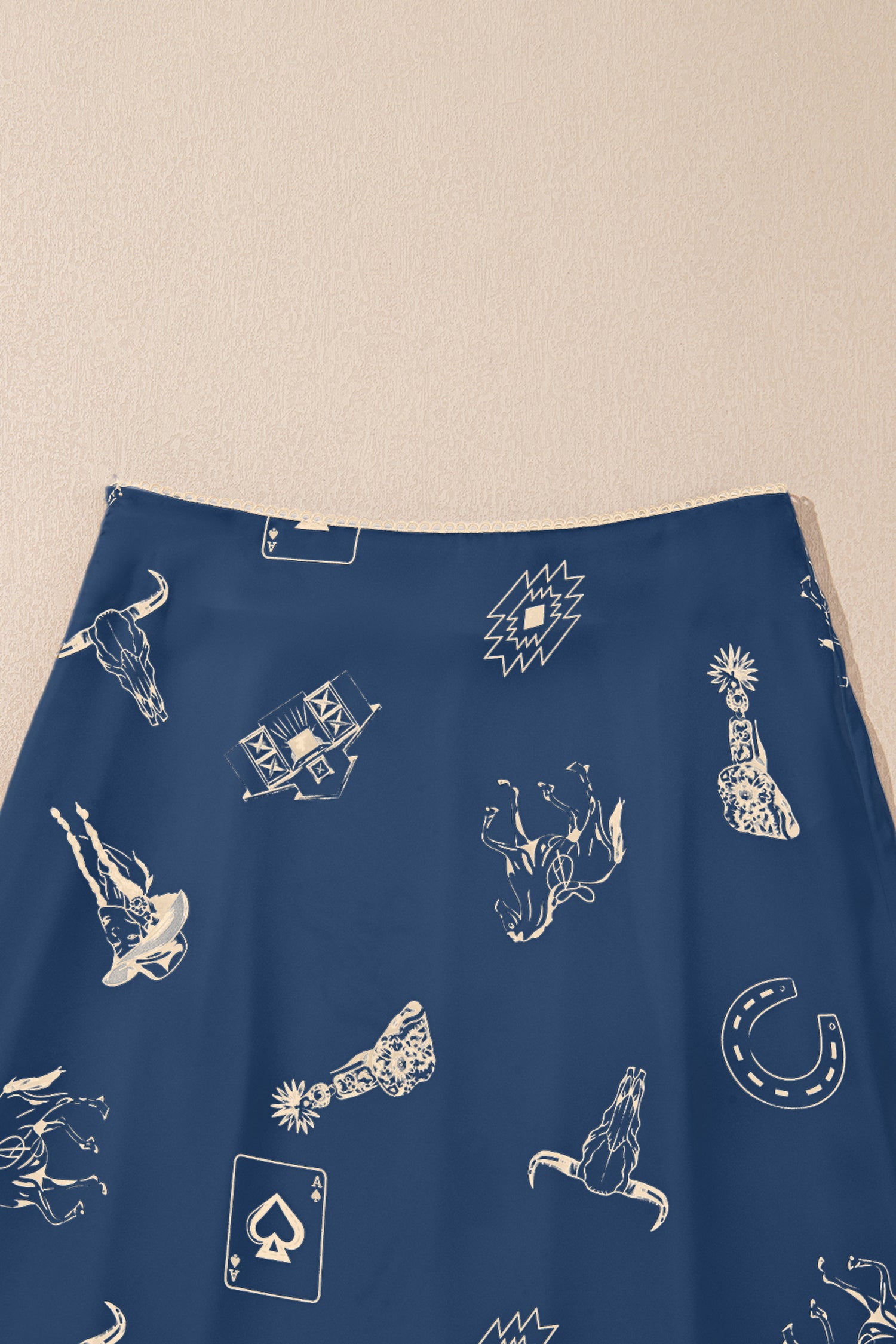 Navy Blue Western Print Satin Long Skirt 🇺🇸