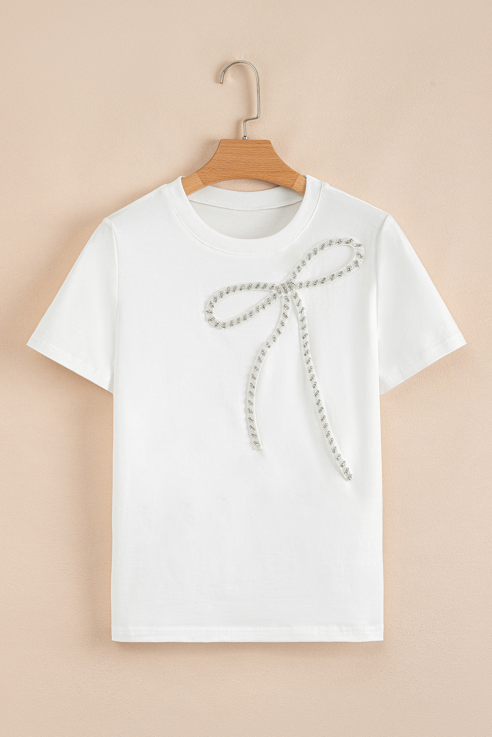 White Rhinestone Bow Embellished Round Neck Tee 🇨🇳