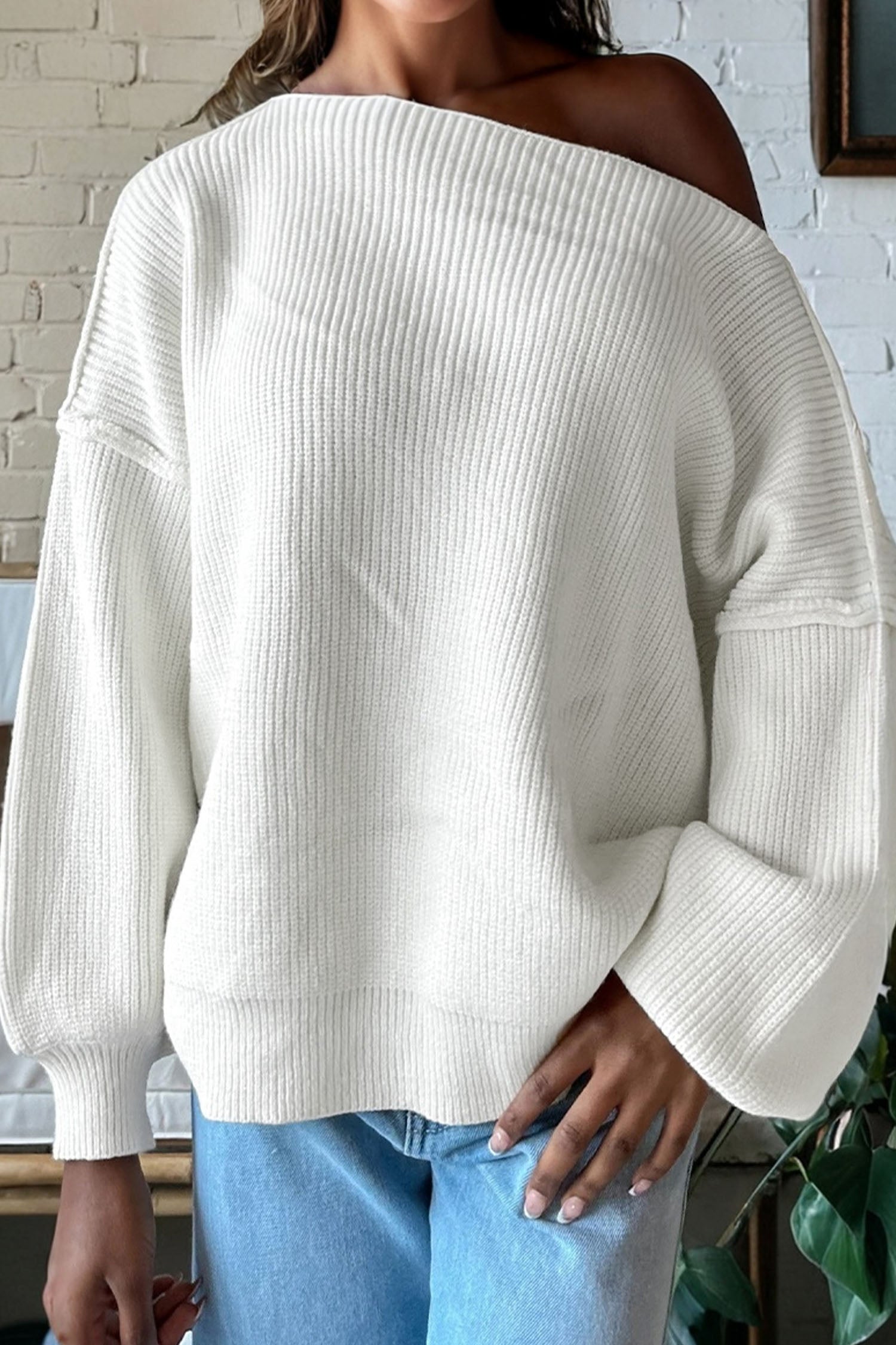 White Asymmetric Neck Drop Shoulder Baggy Slouchy Sweater 🇺🇸
