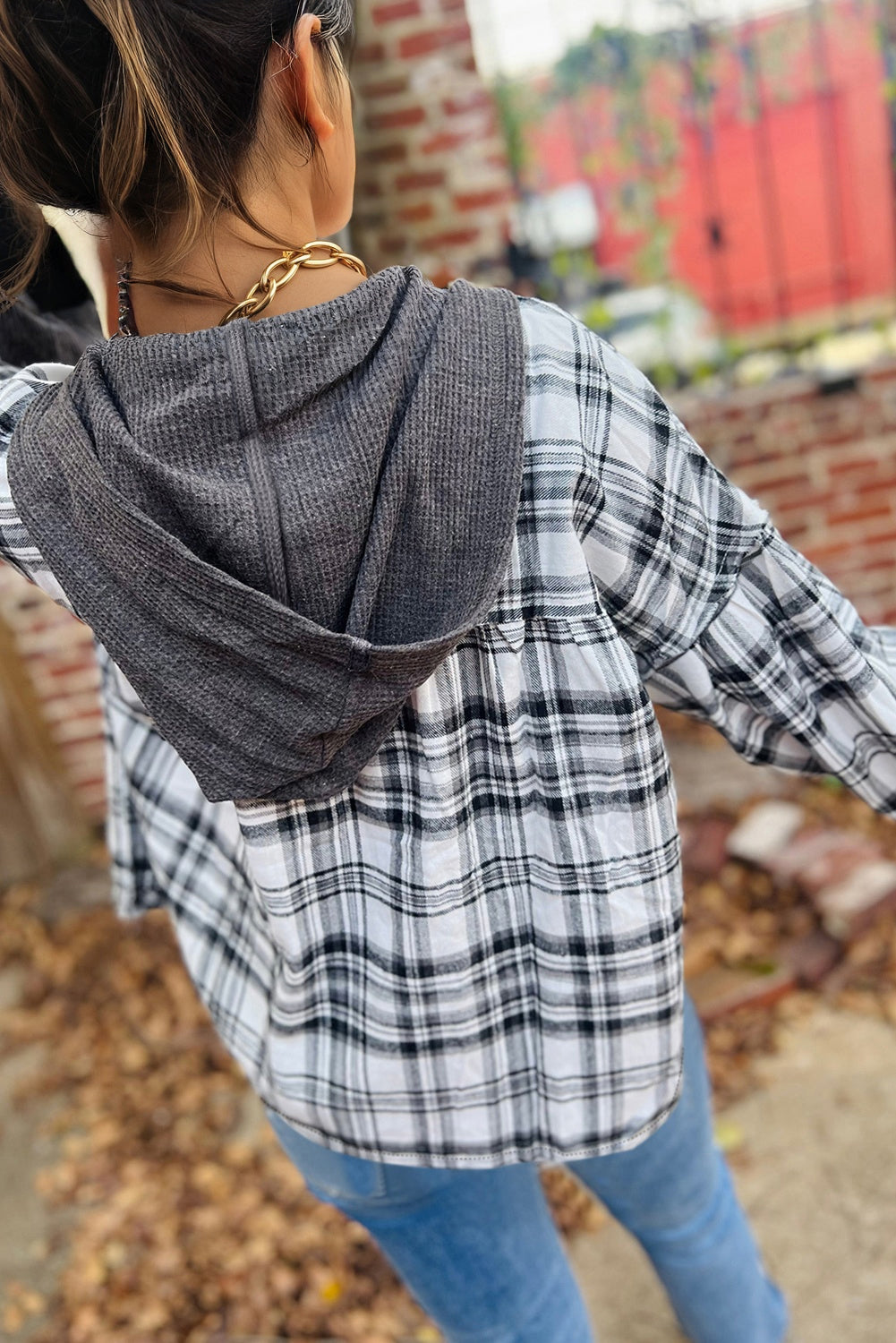 Gray Plaid Patchwork Long Sleeve Button Hooded Blouse 🇺🇸