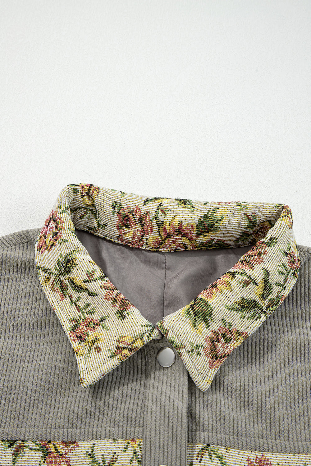 Medium Grey Ribbed Retro Floral Patchwork Shirt Style Jacket 🇺🇸