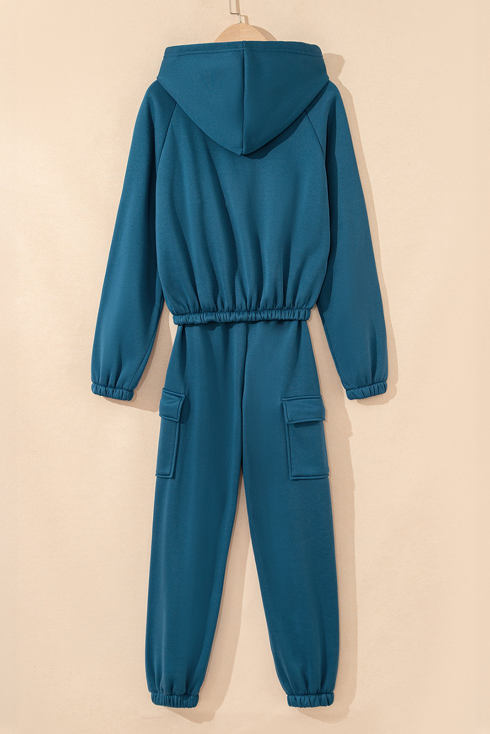 Peacock Blue Cozy Hooded Sweatshirt Drawstring Elastic Waistband Cargo Pant Set 🇺🇸