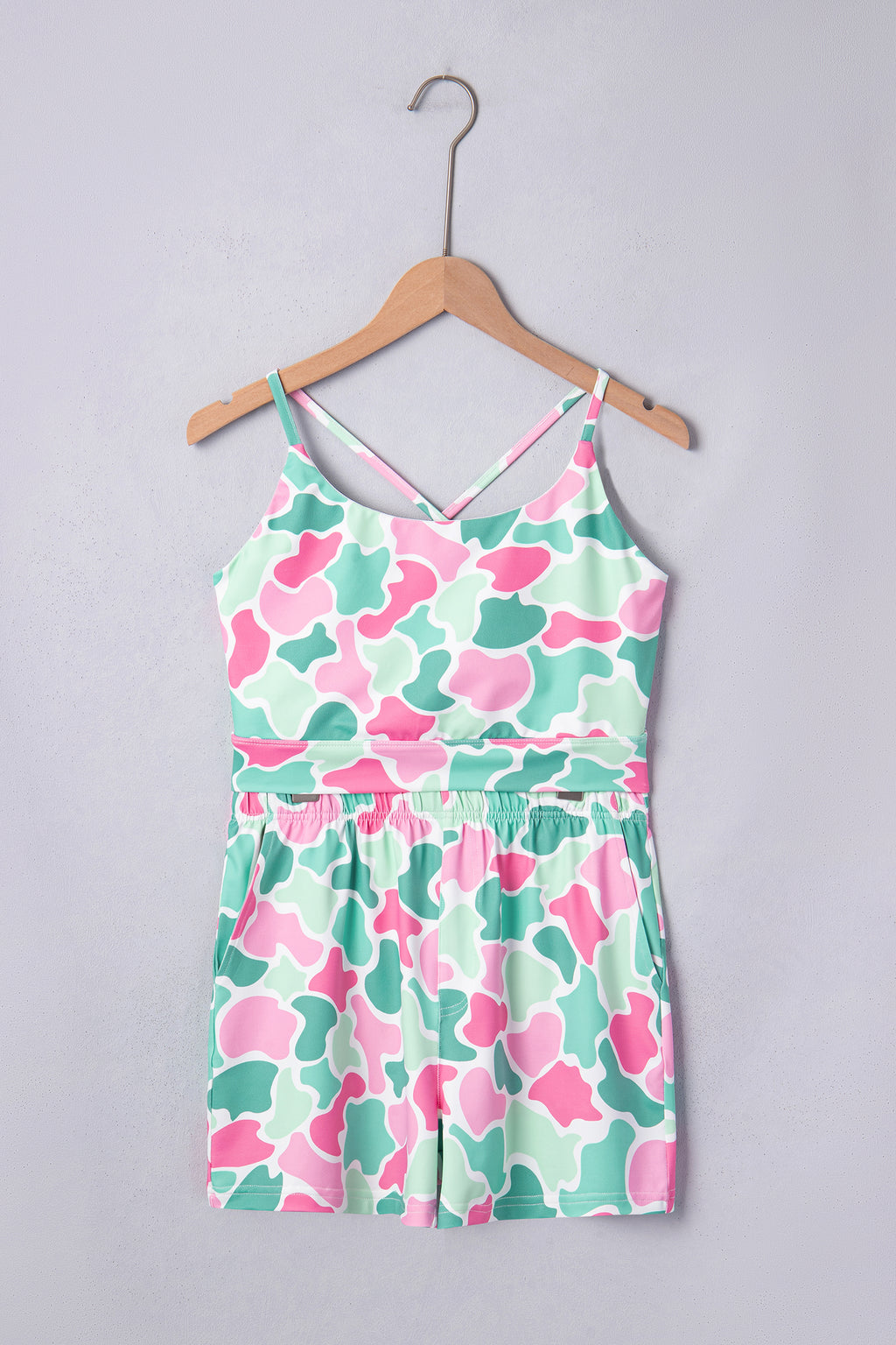 Green Camouflage Printed Cropped Tank Athleisure 2pcs Short Set 🇺🇸