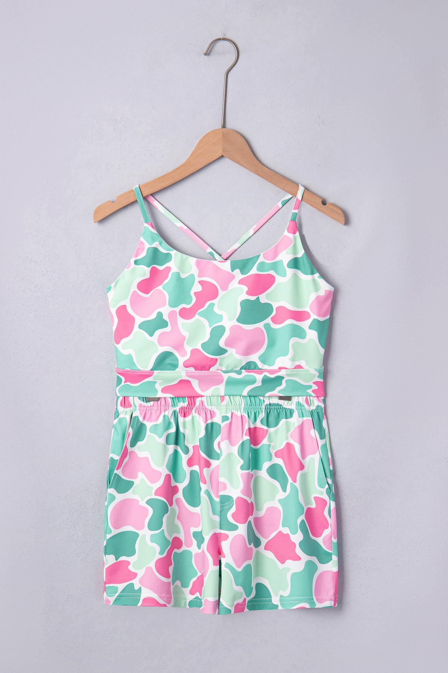 Green Camouflage Printed Cropped Tank Athleisure 2pcs Short Set 🇺🇸