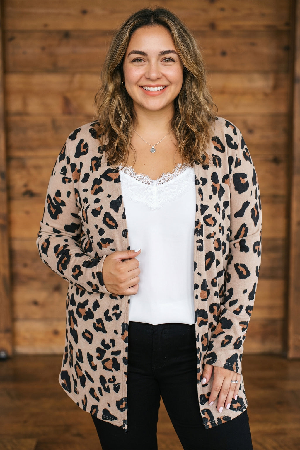 Khaki Leopard Print Long Sleeve V Neck Tunic Plus Size Cardigan 🇺🇸