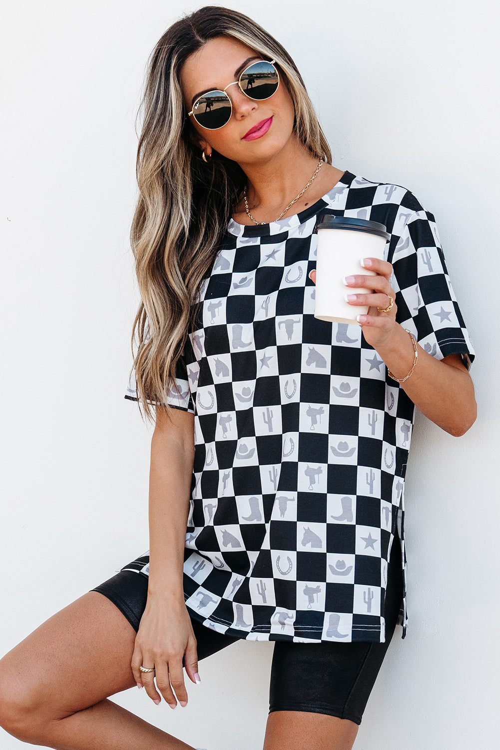 Black Western Fashion Checkerboard Print Side Split T Shirt 🇨🇳