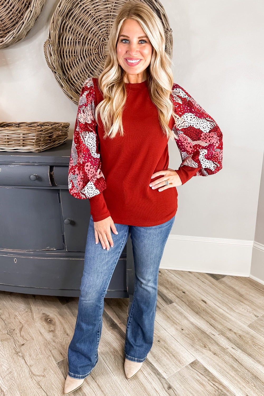 Fiery Red Contrast Mixed Animal Print Lantern Sleeve Patchwork Top 🇺🇸