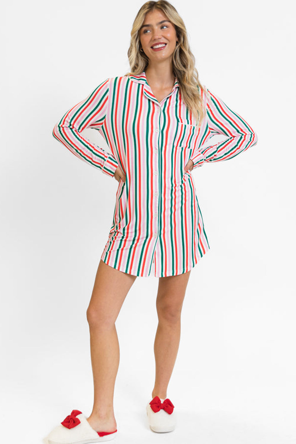 Pink Stripe Christmas Long Sleeve Shirt Style Lounge Dress 🇺🇸