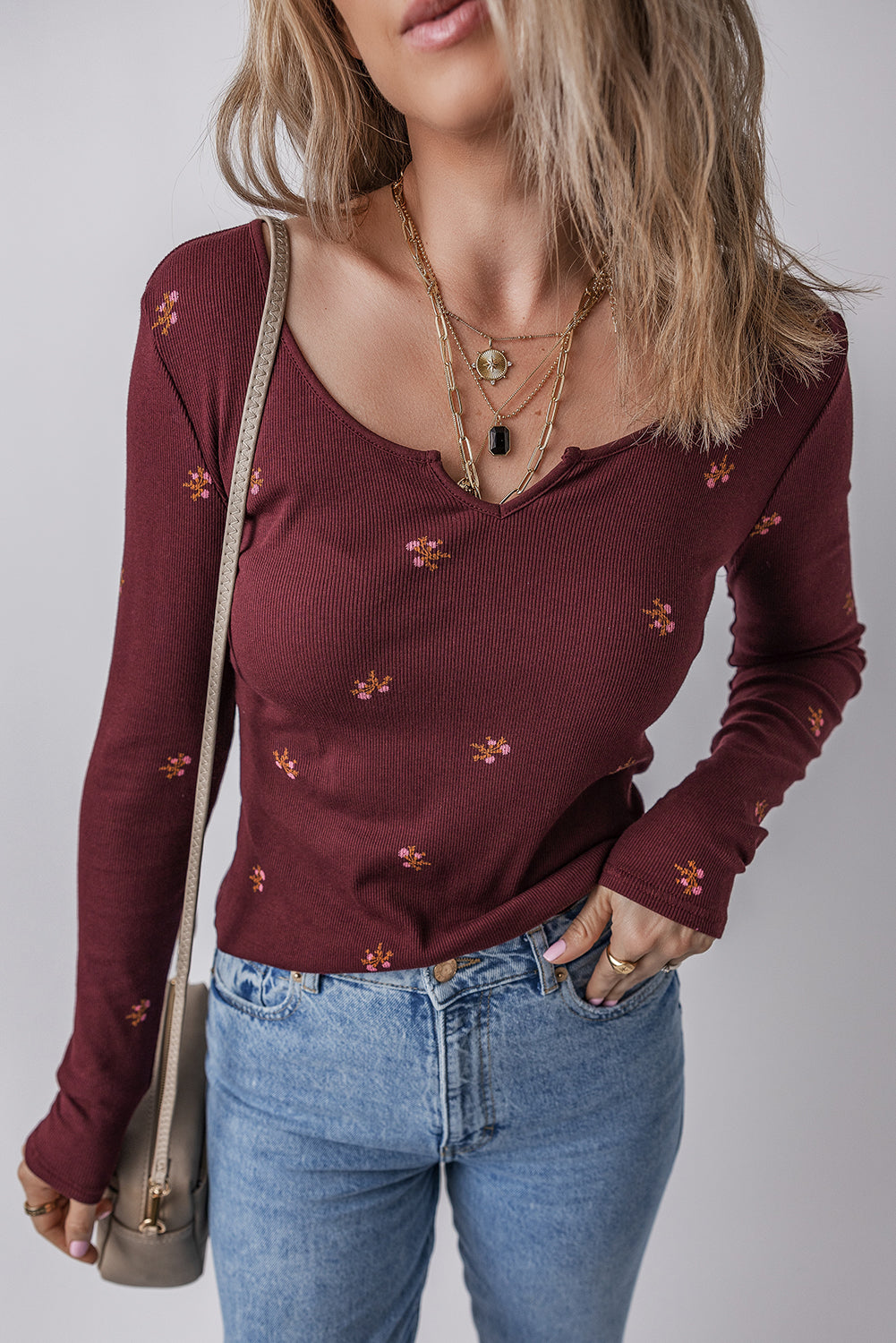 Burgundy Notched Neck Floral Print Ribbed Long Sleeve Top 🇺🇲