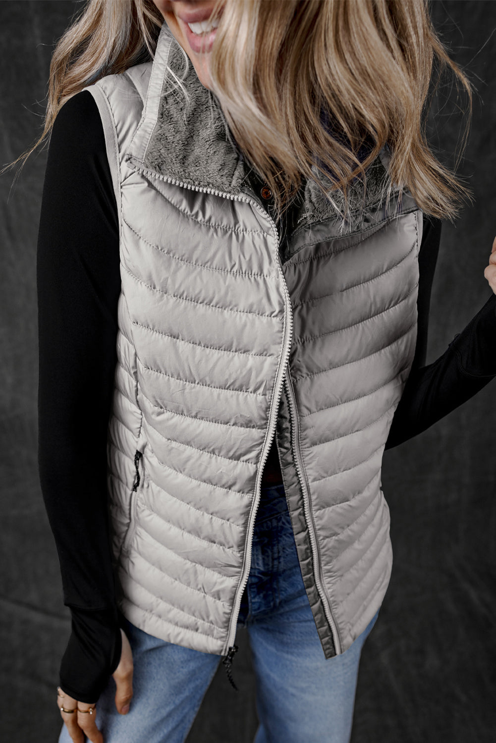 Silvery Plush Collared Quilted Zipped Puffer Vest 🇺🇸