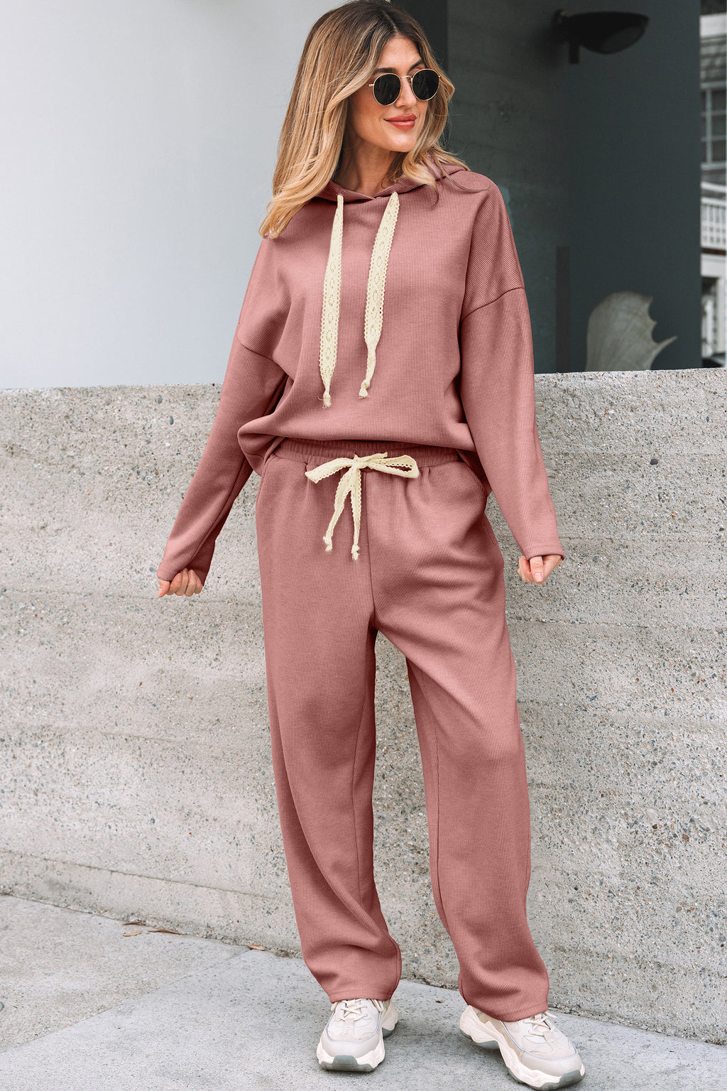 Rose Tan Lace Drawstring Pullover Hoodie and High Waist Pants Corduroy Suit 🇺🇸