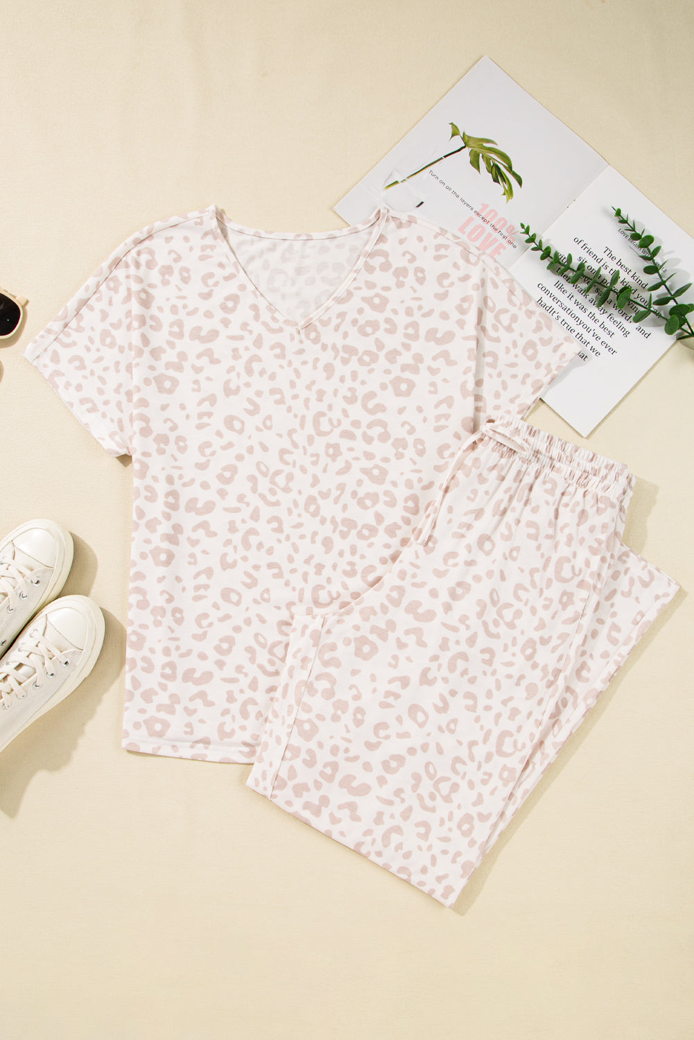 Beige Cheetah V Neck Tee and Pants Lounge Set 🇺🇸