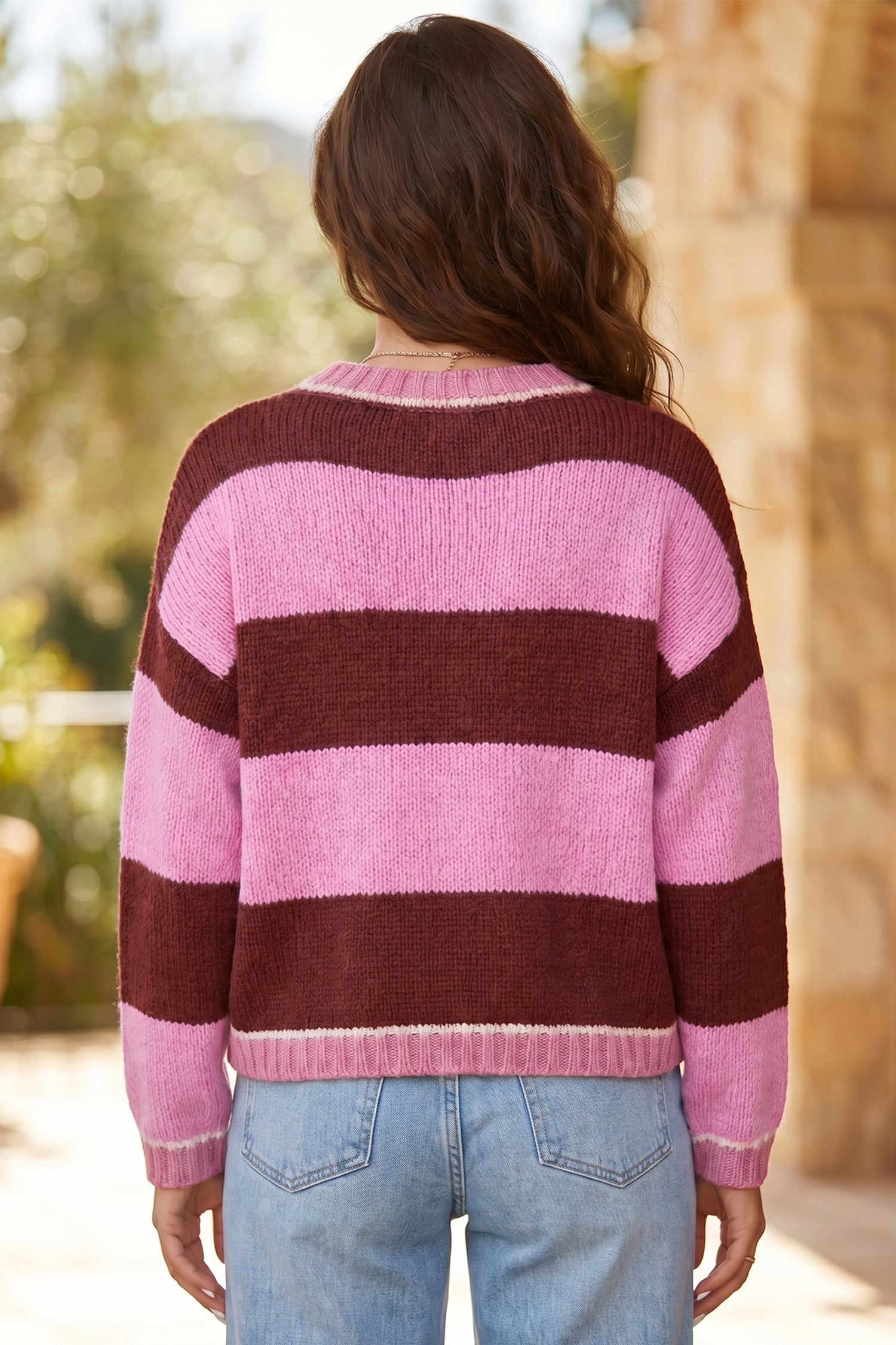 Pink Stripe Striped Drop Shoulder Long Sleeve Pullover Regular Fit Knit Sweater 🇺🇸