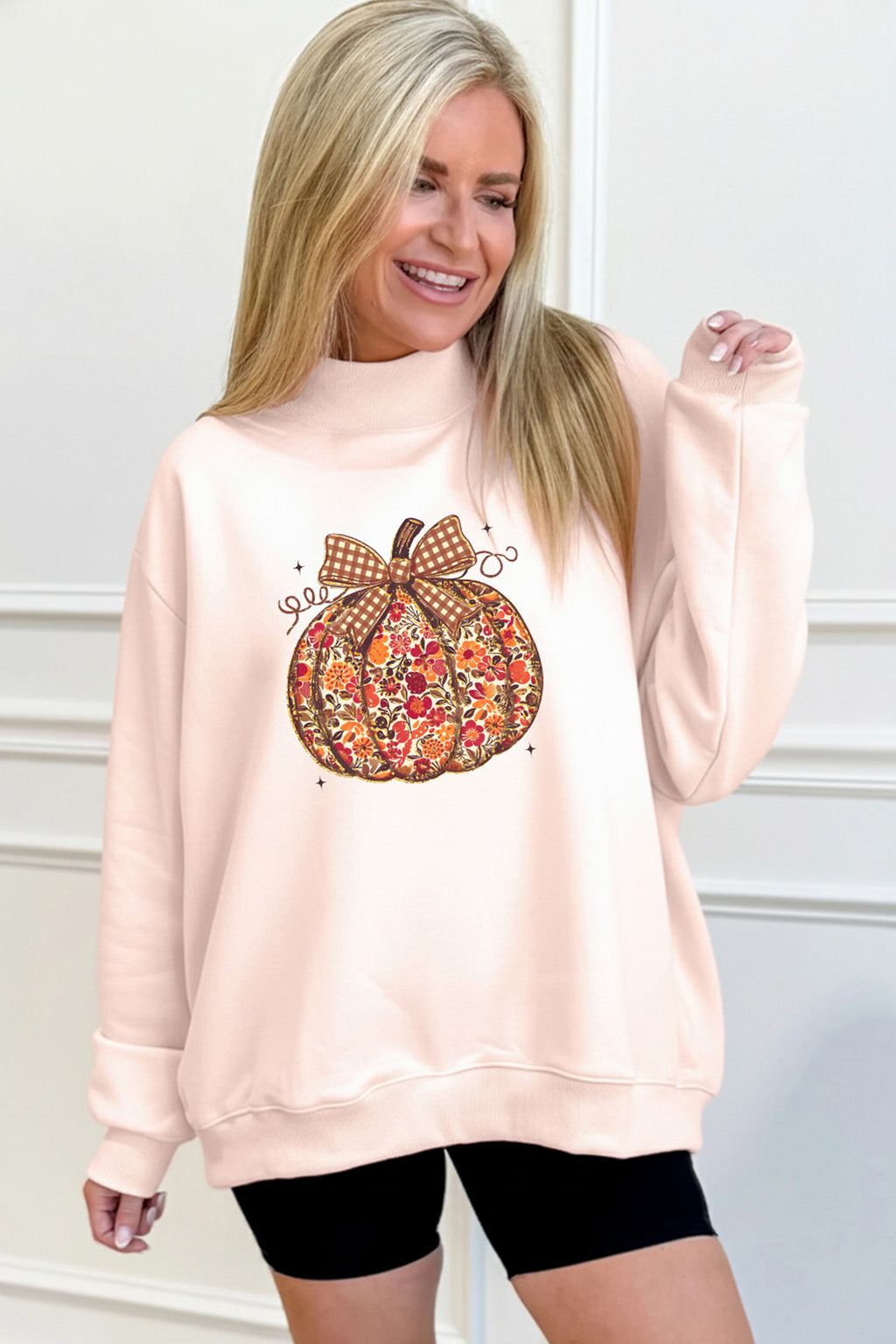 Apricot Pink Floral Pumpkin Graphic Mock Neck Oversized Sweatshirt 🇺🇸
