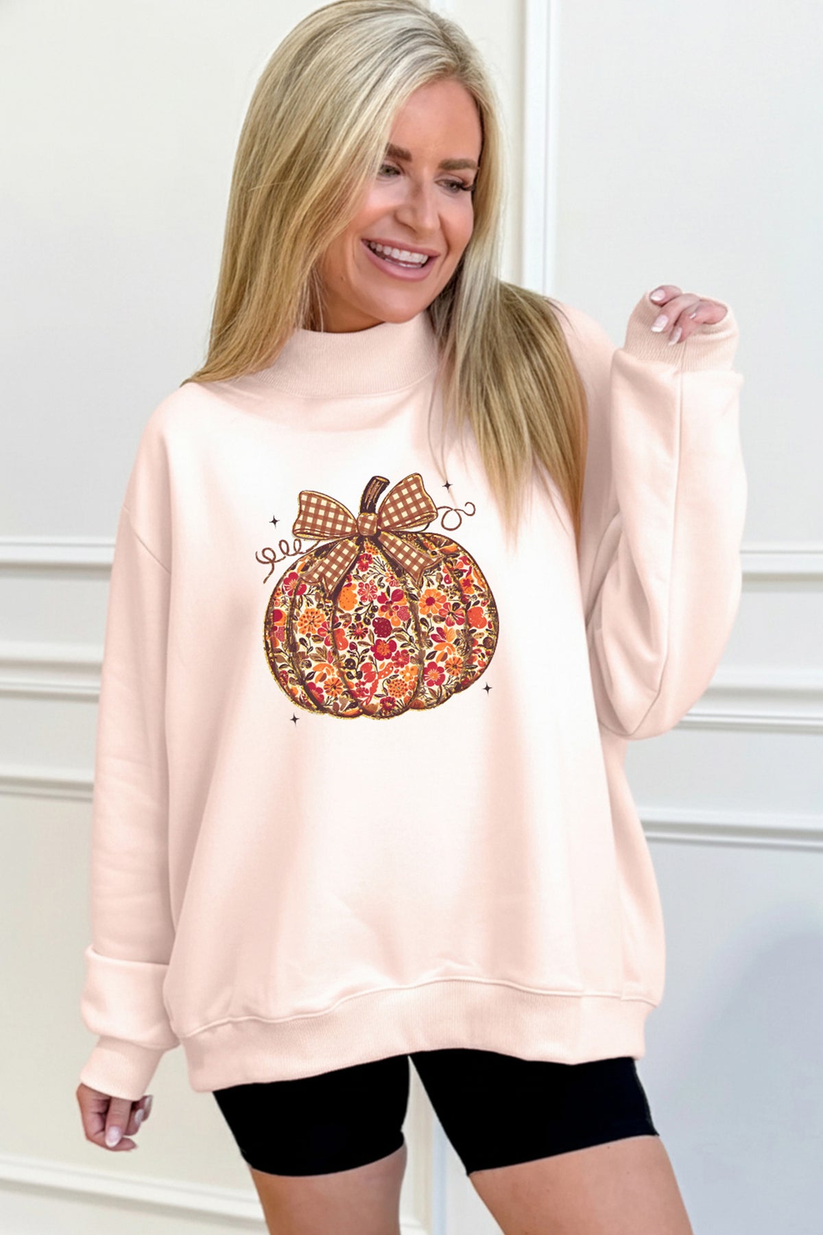 Apricot Pink Floral Pumpkin Graphic Mock Neck Oversized Sweatshirt 🇺🇸