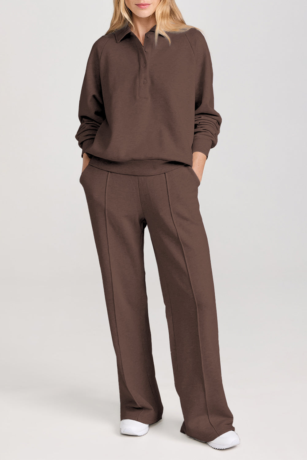 Dark Brown Solid Collared Sweatshirt and High Waist Pants Active Set 🇺🇸