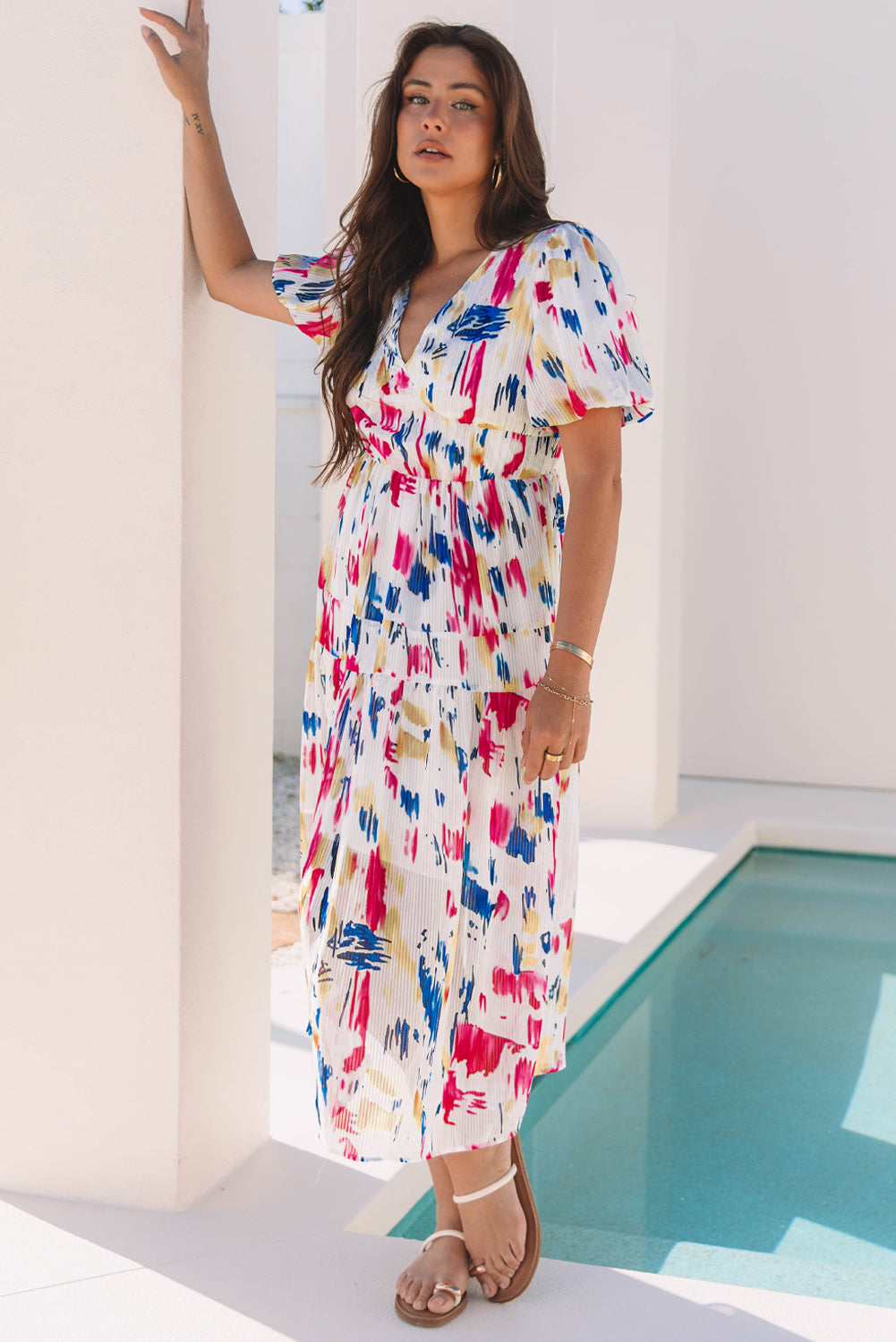 Rose Abstract Print Short Puff Sleeve Tiered Maxi Dress 🇺🇸
