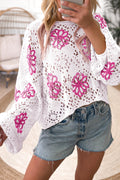 White Contrast Flower Print Eyelet Drop Shoulder Sweater 🇨🇳