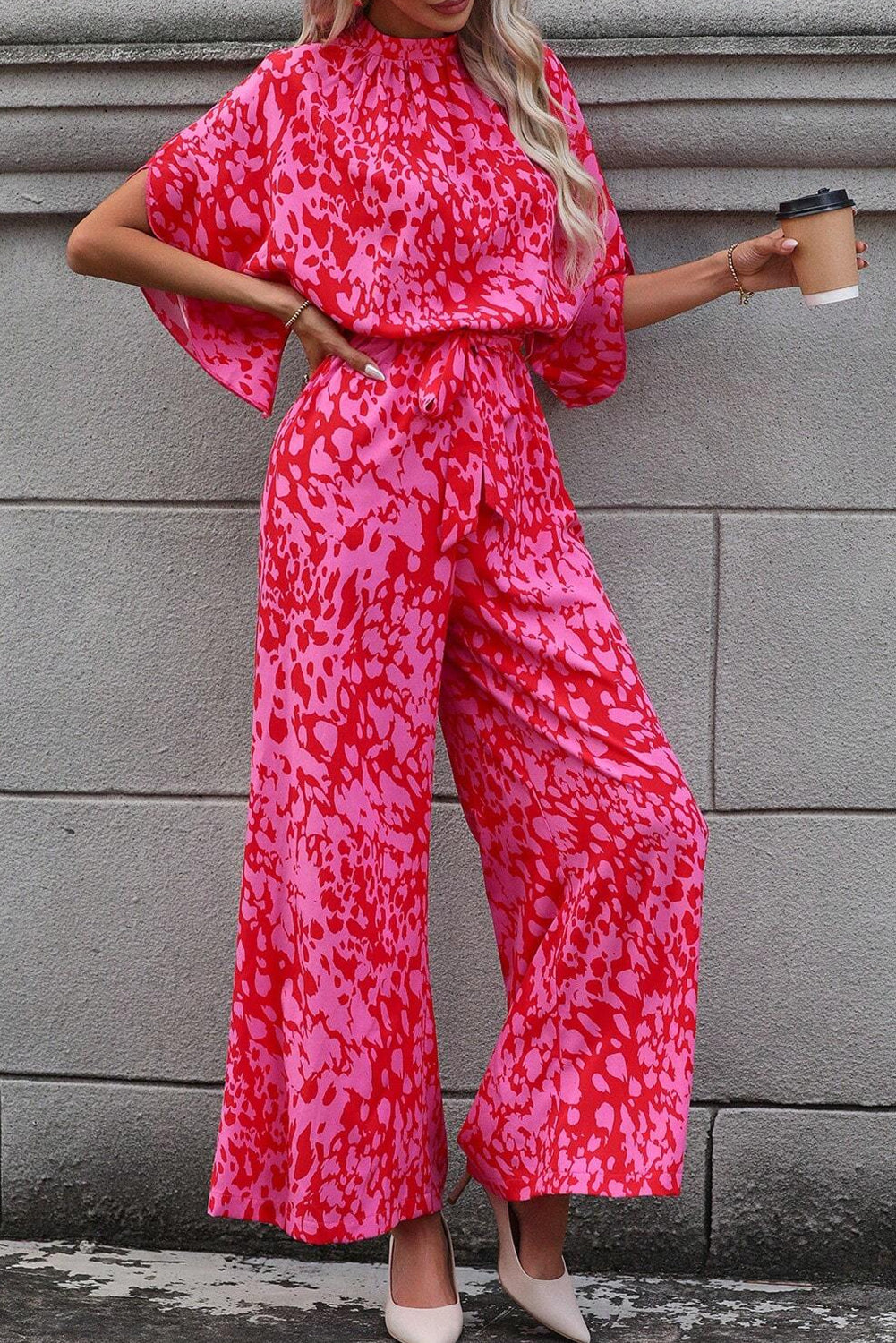 Rose Leopard Loose Sleeve Belted Wide Leg Jumpsuit 🇺🇸