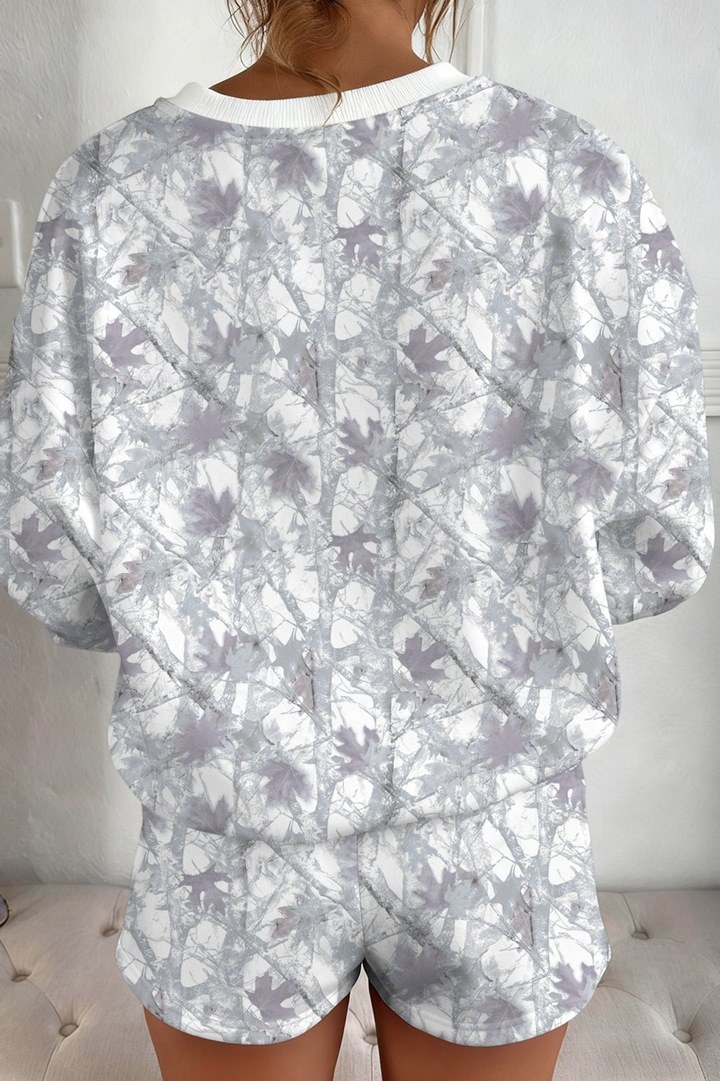 Light Grey Abstract Woodland Camo Print Baggy Pullover Drawstring Shorts Set 🇺🇸