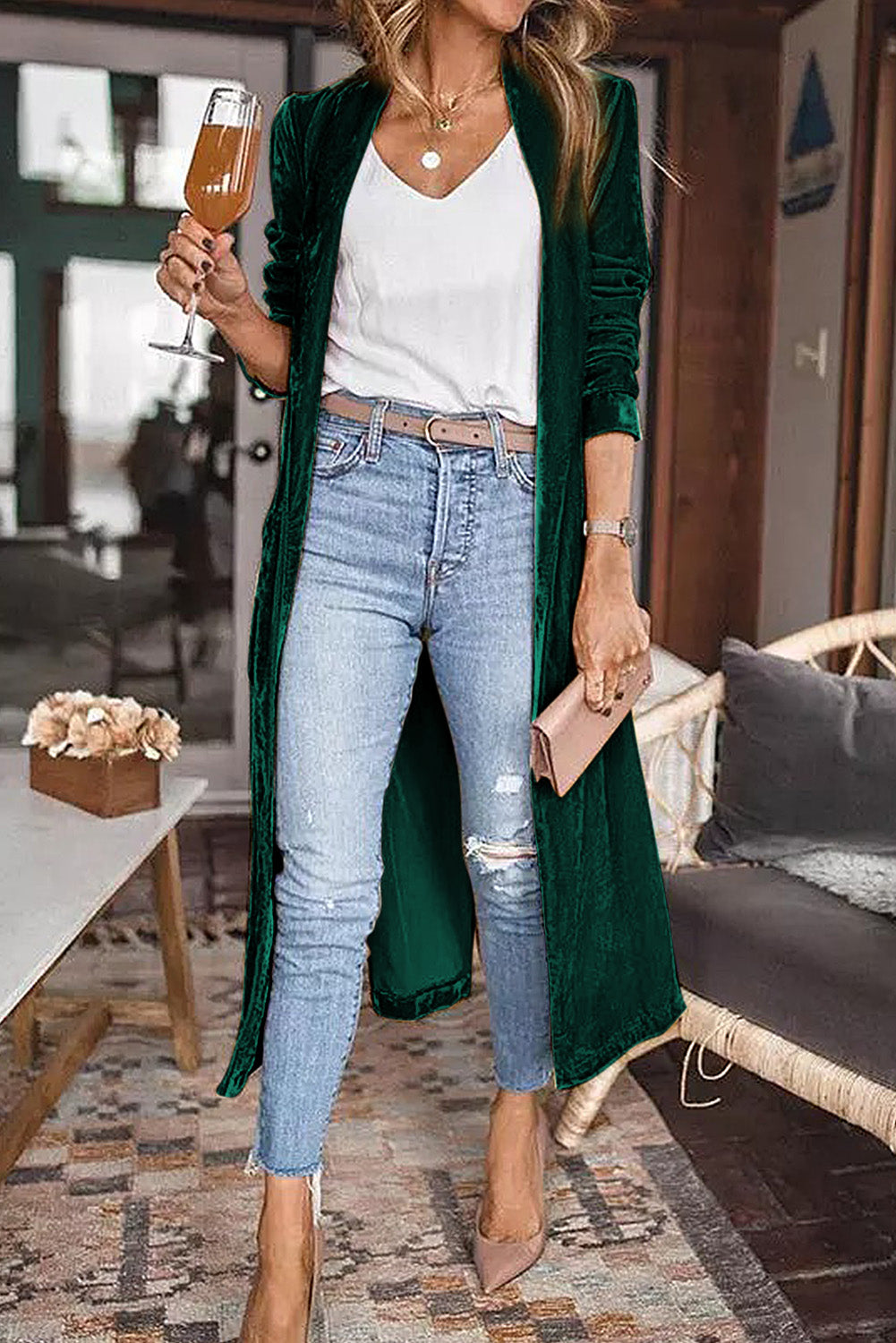 Green Velvet Open Front Pocketed Long Duster 🇨🇳