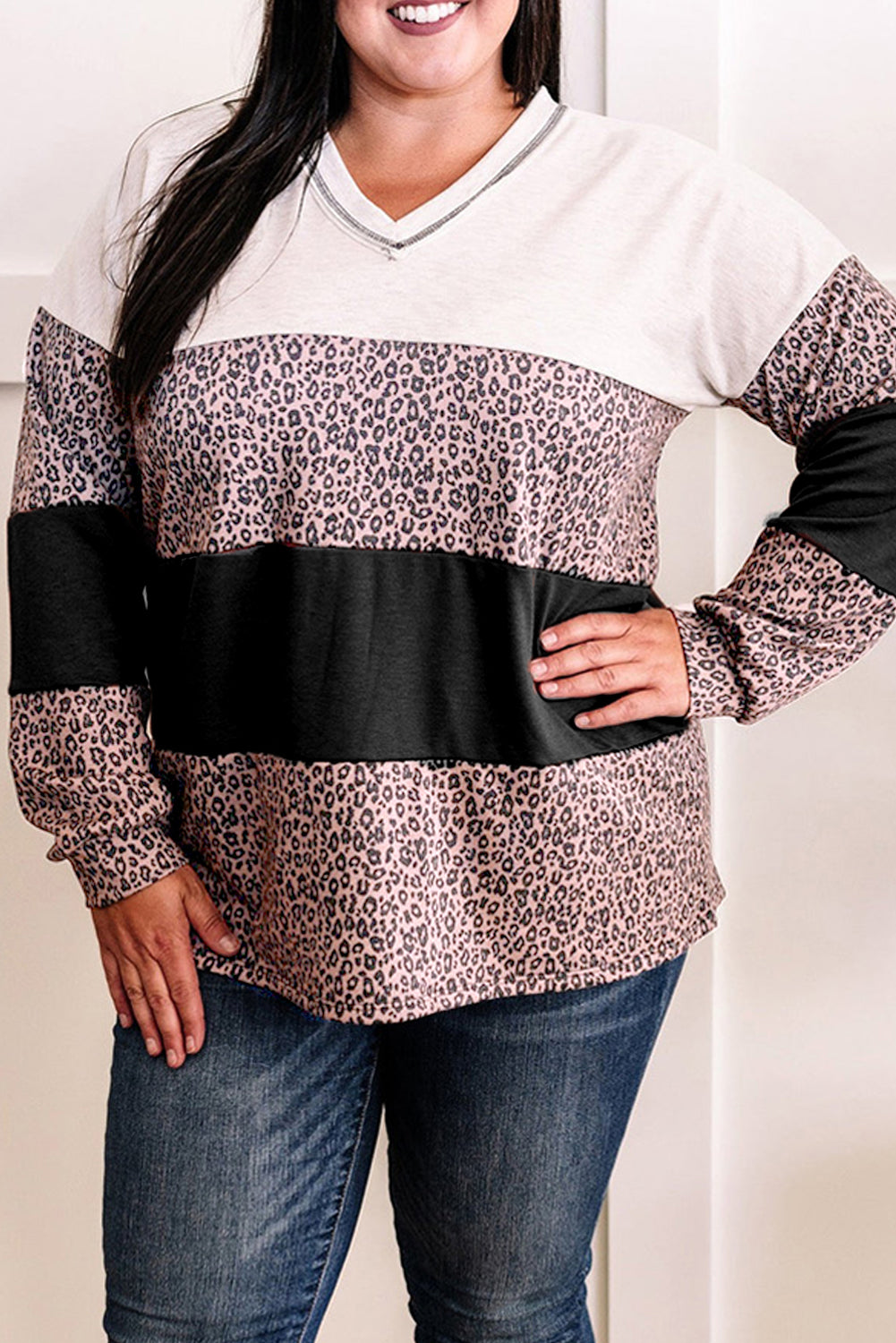 Black Leopard Print Colorblock V Neck Long Sleeve Plus Size Top 🇺🇸