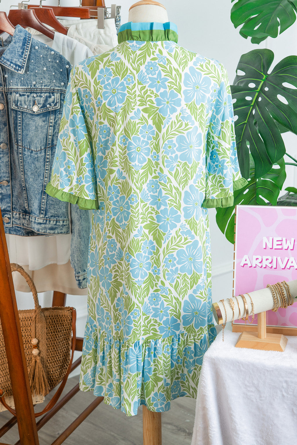 Sky Blue Botanical Floral Print Frilled Trim V Neck Button Front Loose Dress 🇺🇸