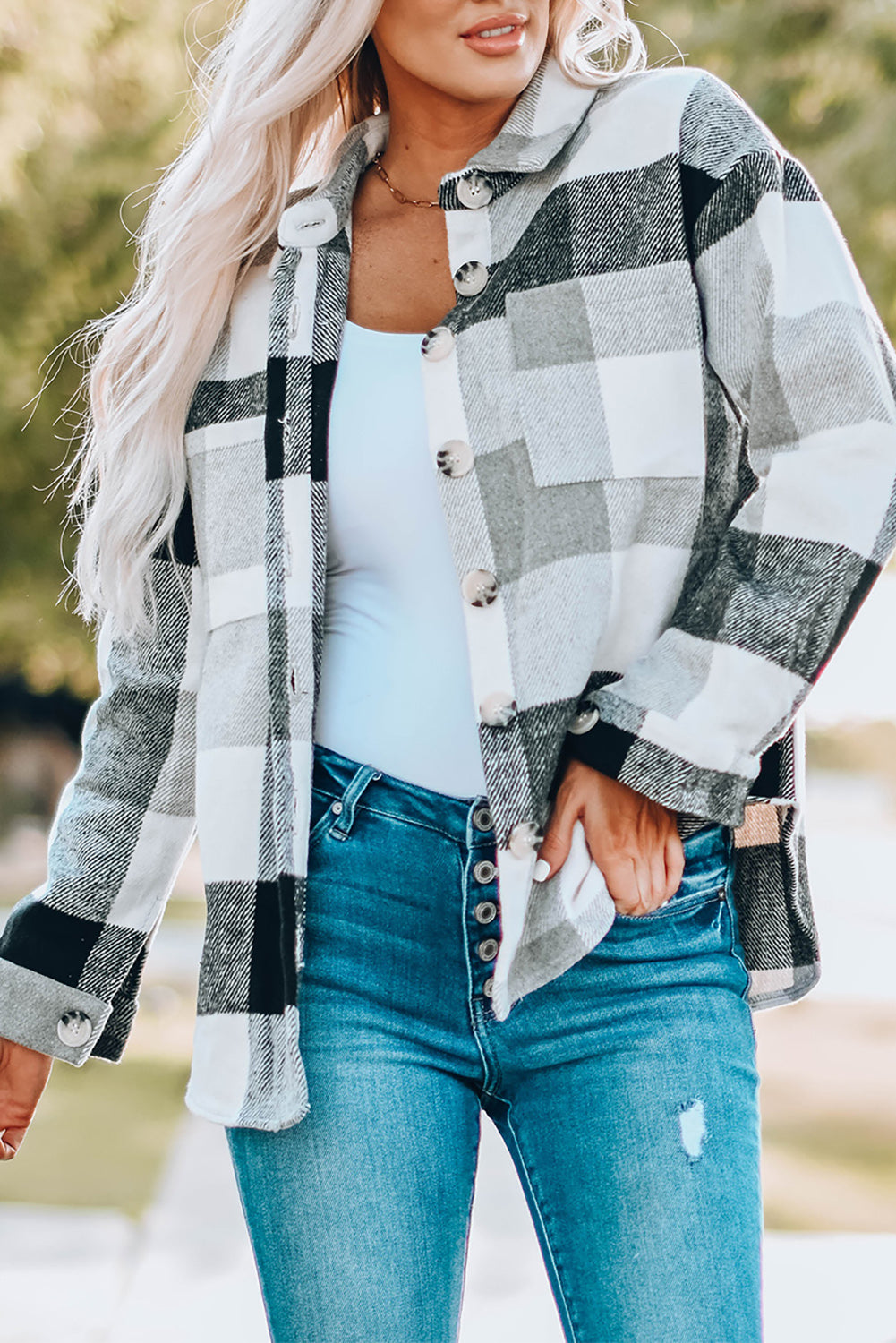 Gray Plaid Color Block Buttoned Long Sleeve Jacket with Pocket 🇺🇸