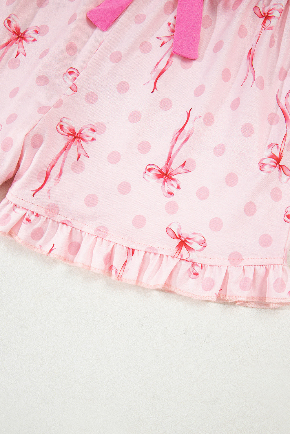 Pink Bow Print Contrast Pipping Short Pajamas Set 🇺🇸