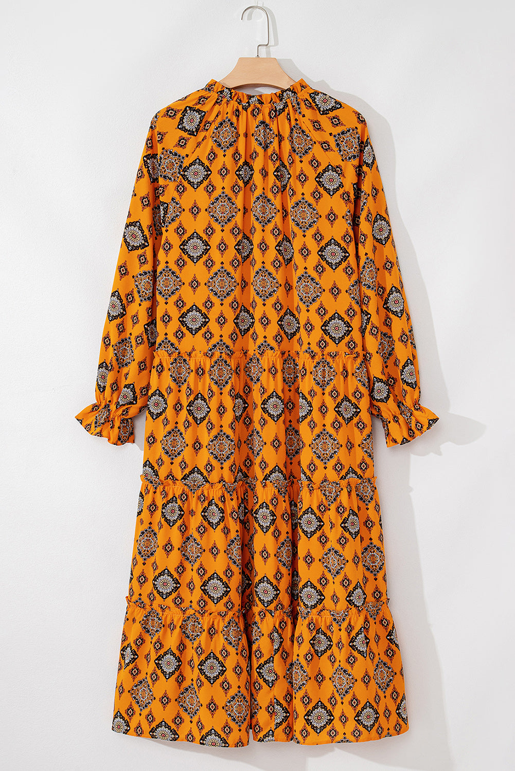 Orange Western Geometric Print Tiered Frilled Loose Fit Midi Dress 🇺🇲