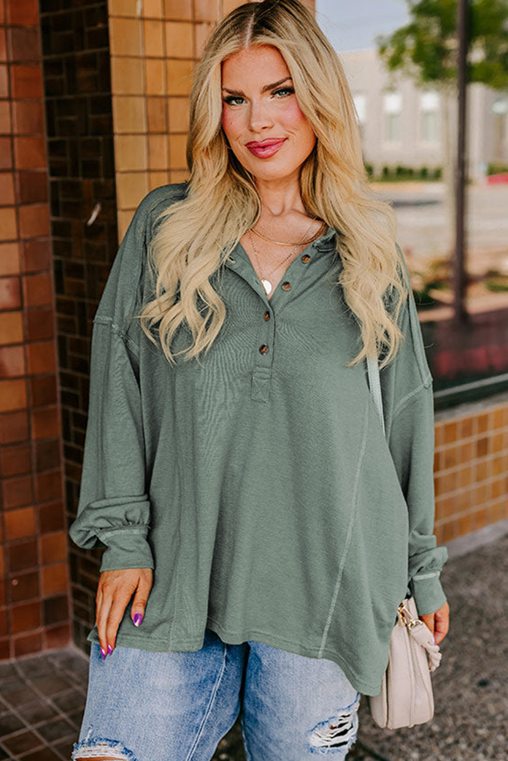 Seagrass Plus Size Exposed Seam Drop Shoulder Henley Top 🇨🇳