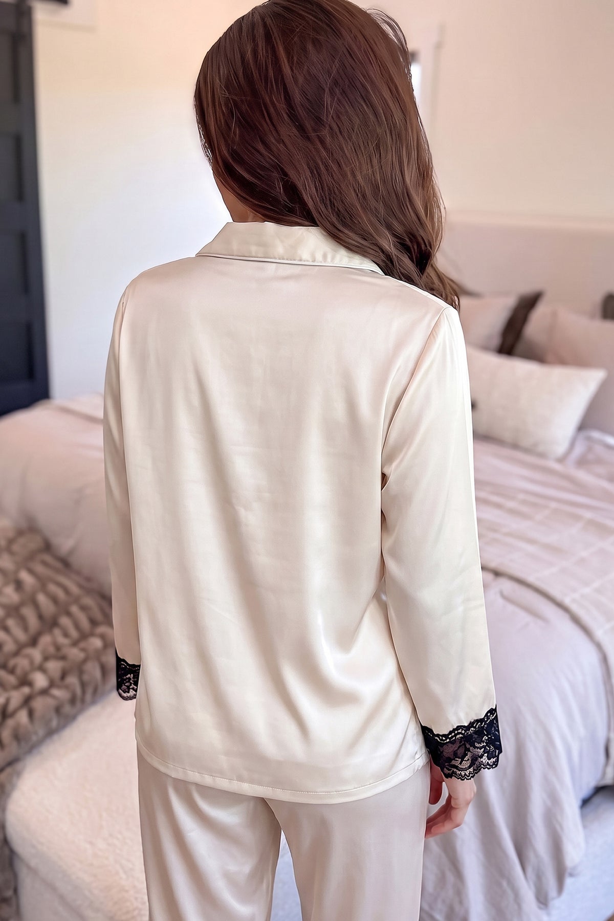 White Long Sleeve Lace Trim Button Front 2pcs Pajama Set 🇺🇸