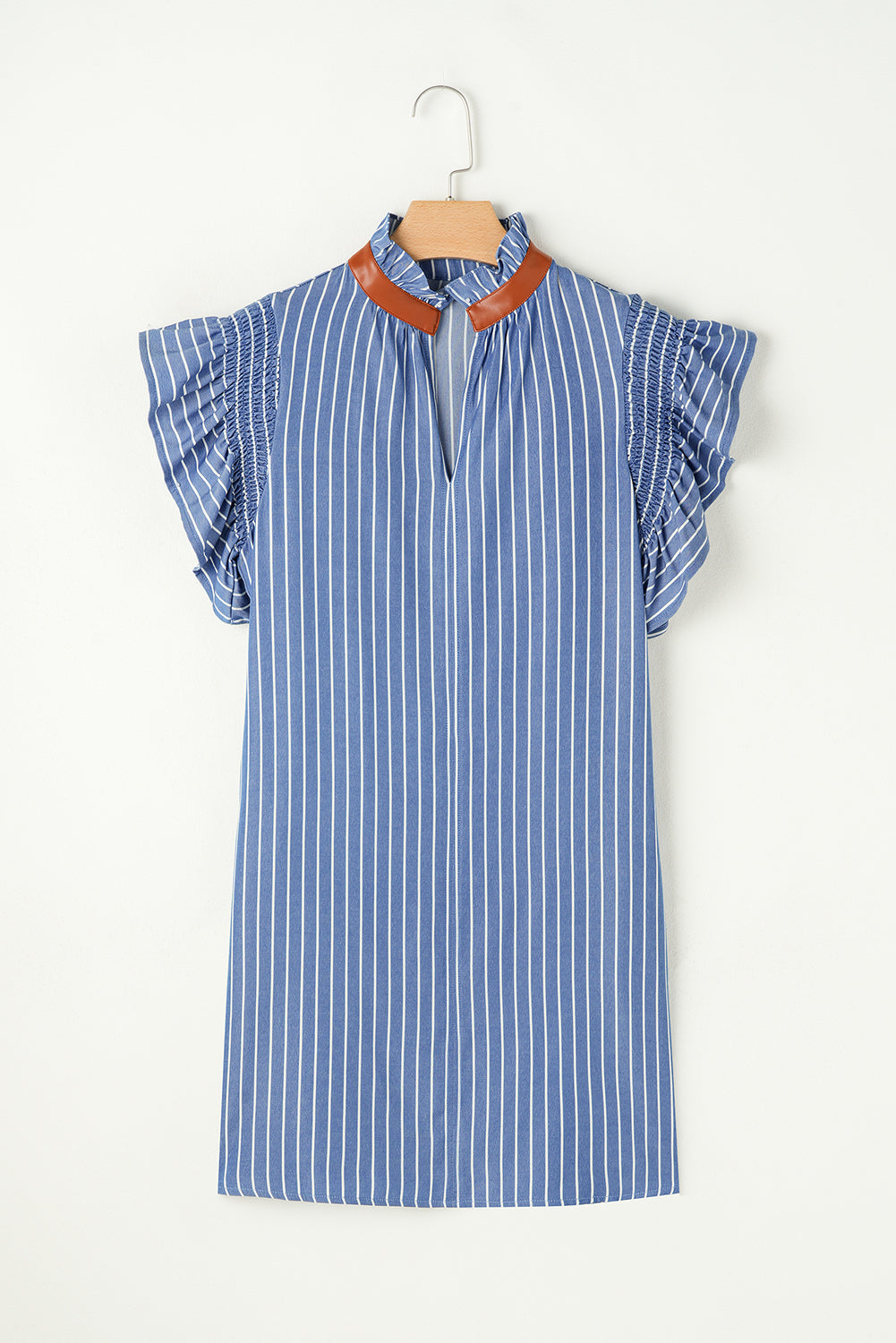 Sky Blue Stripe Frilly Split Neck Shirred Ruffle Sleeve Short Shift Dress 🇨🇳