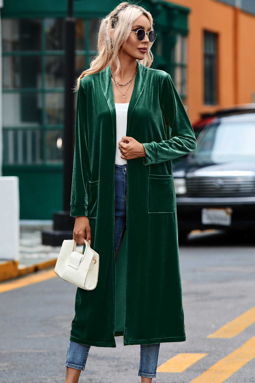 Green Velvet Open Front Pocketed Long Duster 🇨🇳