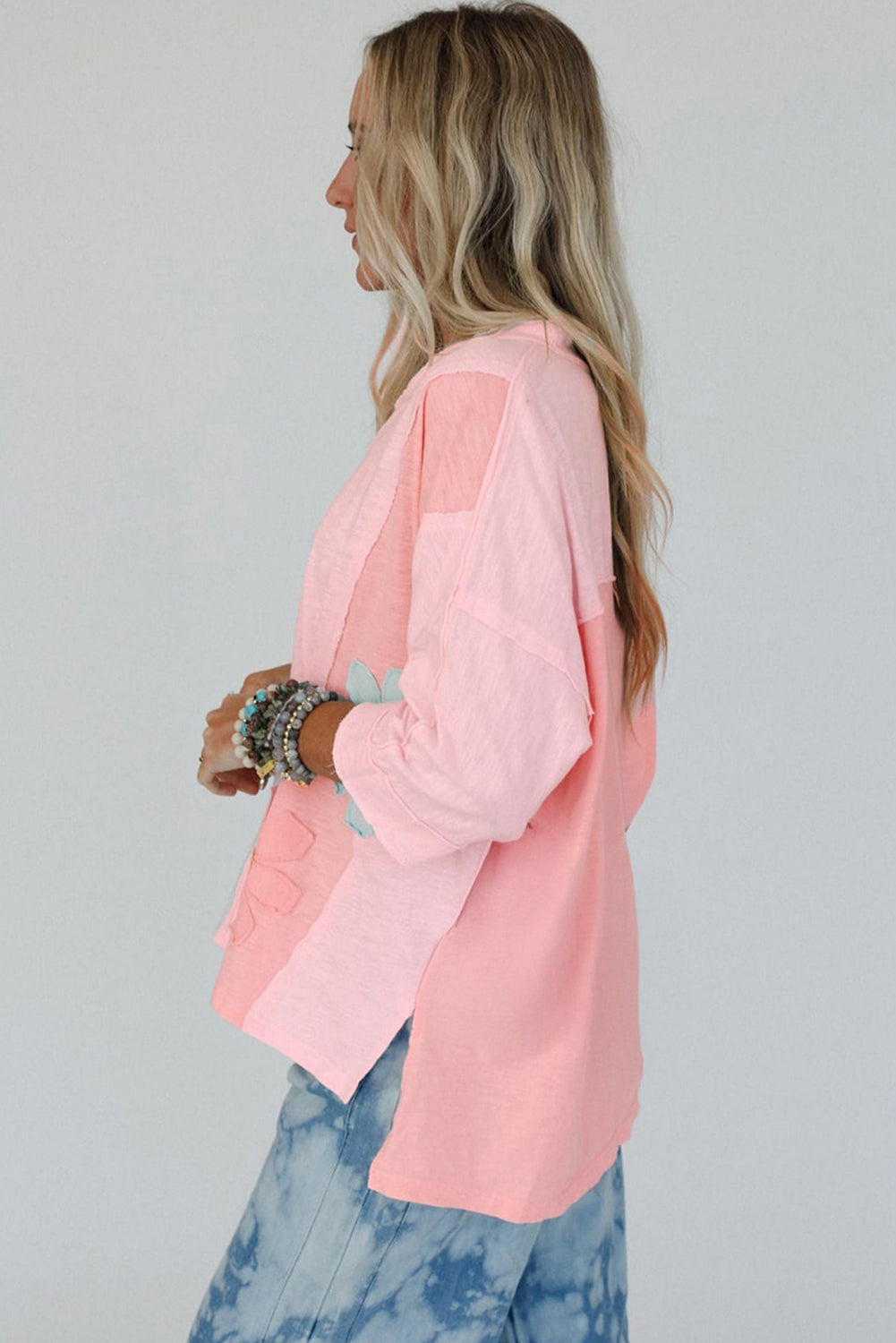 Pink Flower Patched Exposed Seam Bracelet Sleeve Oversized T Shirt 🇺🇲