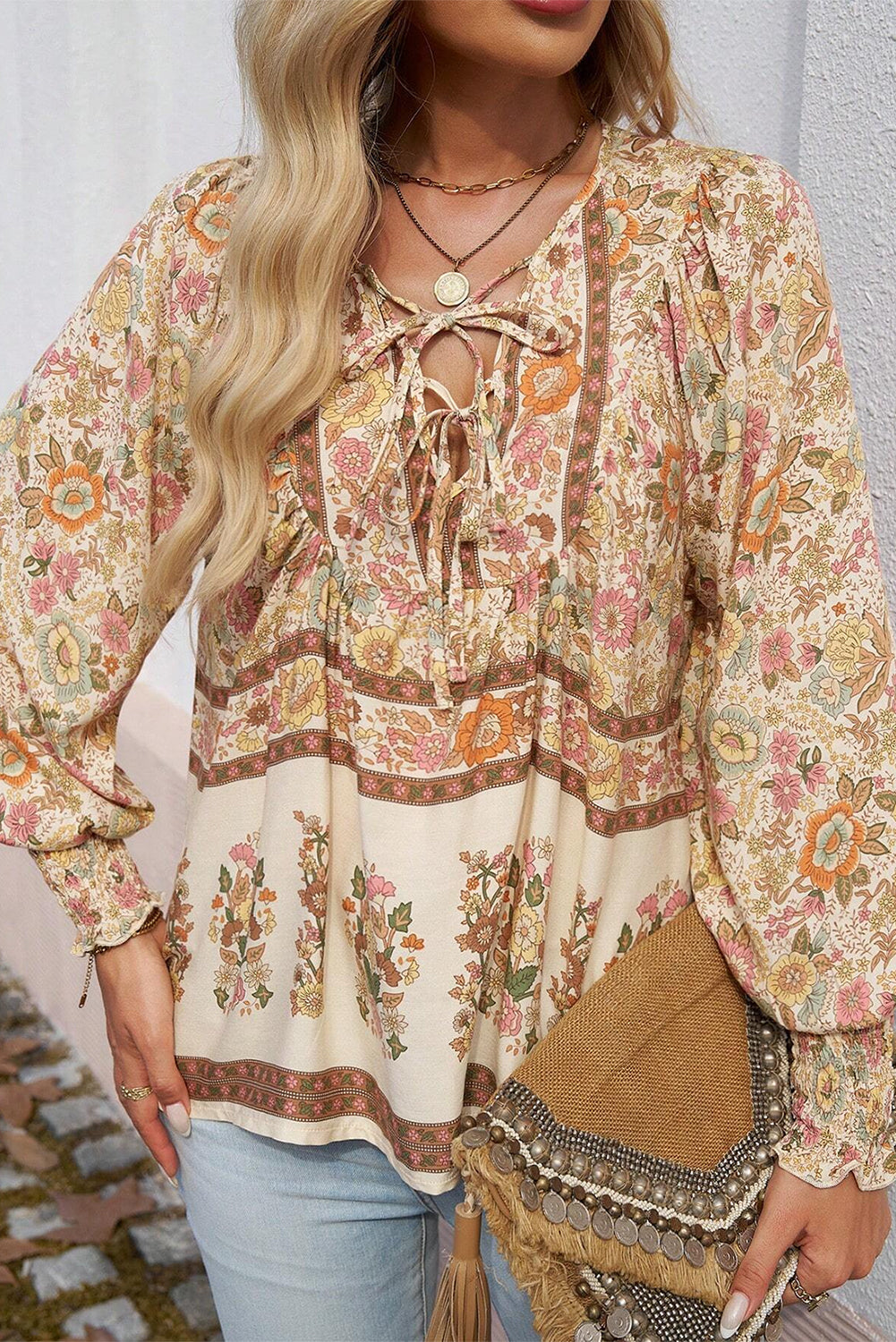 Yellow Floral Print Tie Neck Lantern Sleeve Blouse 🇺🇸