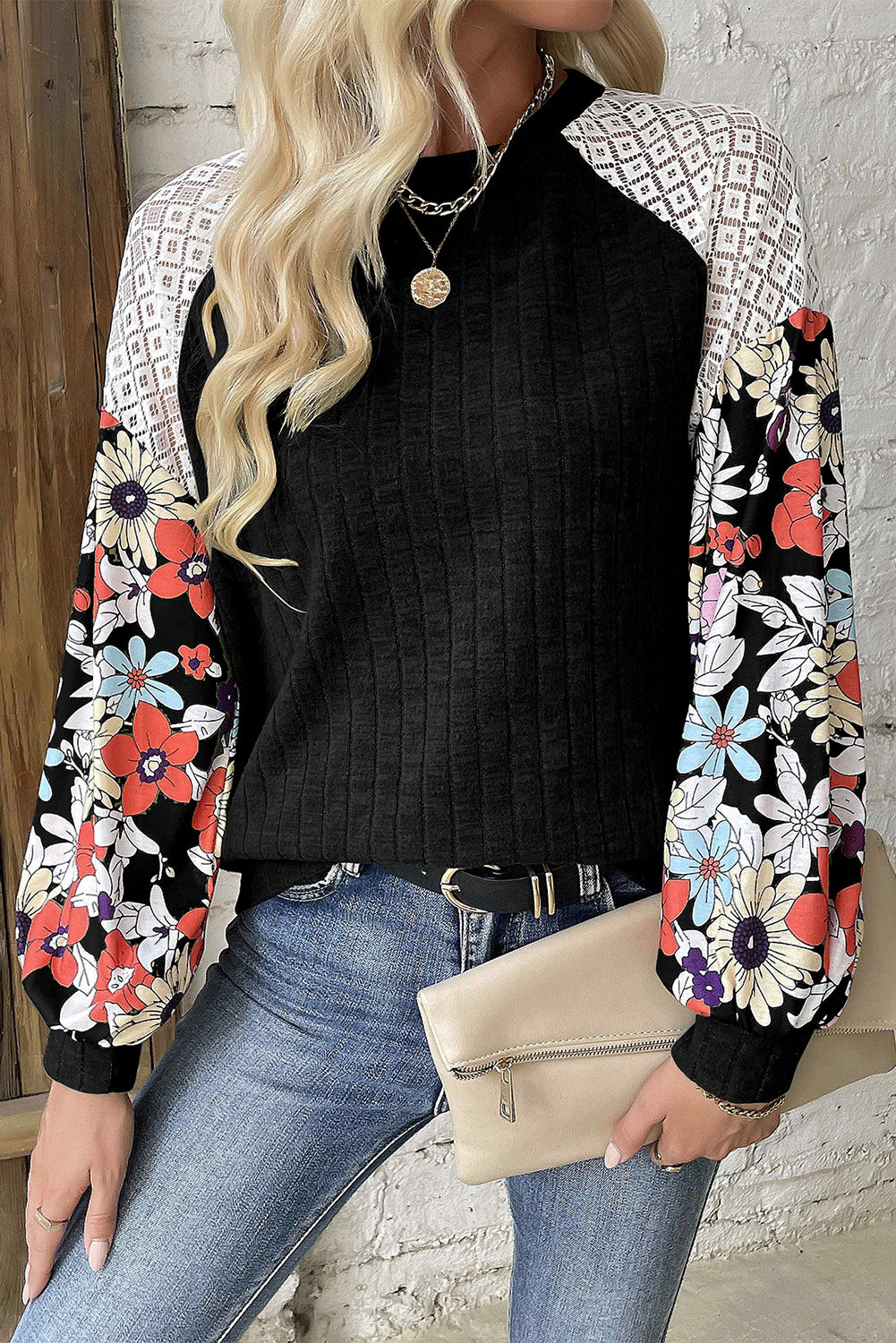 Black Floral Patchwork Long Sleeve Ribbed Blouse 🇺🇸