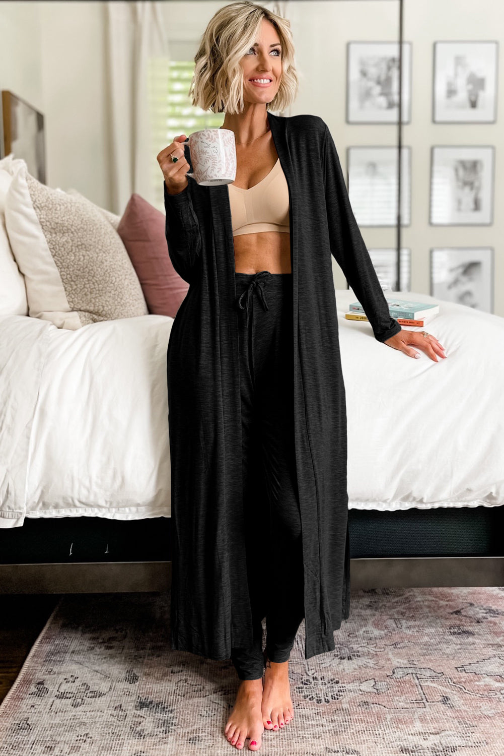 Black Split Long Cardigan and Skinny Pants Lounge Set 🇺🇲