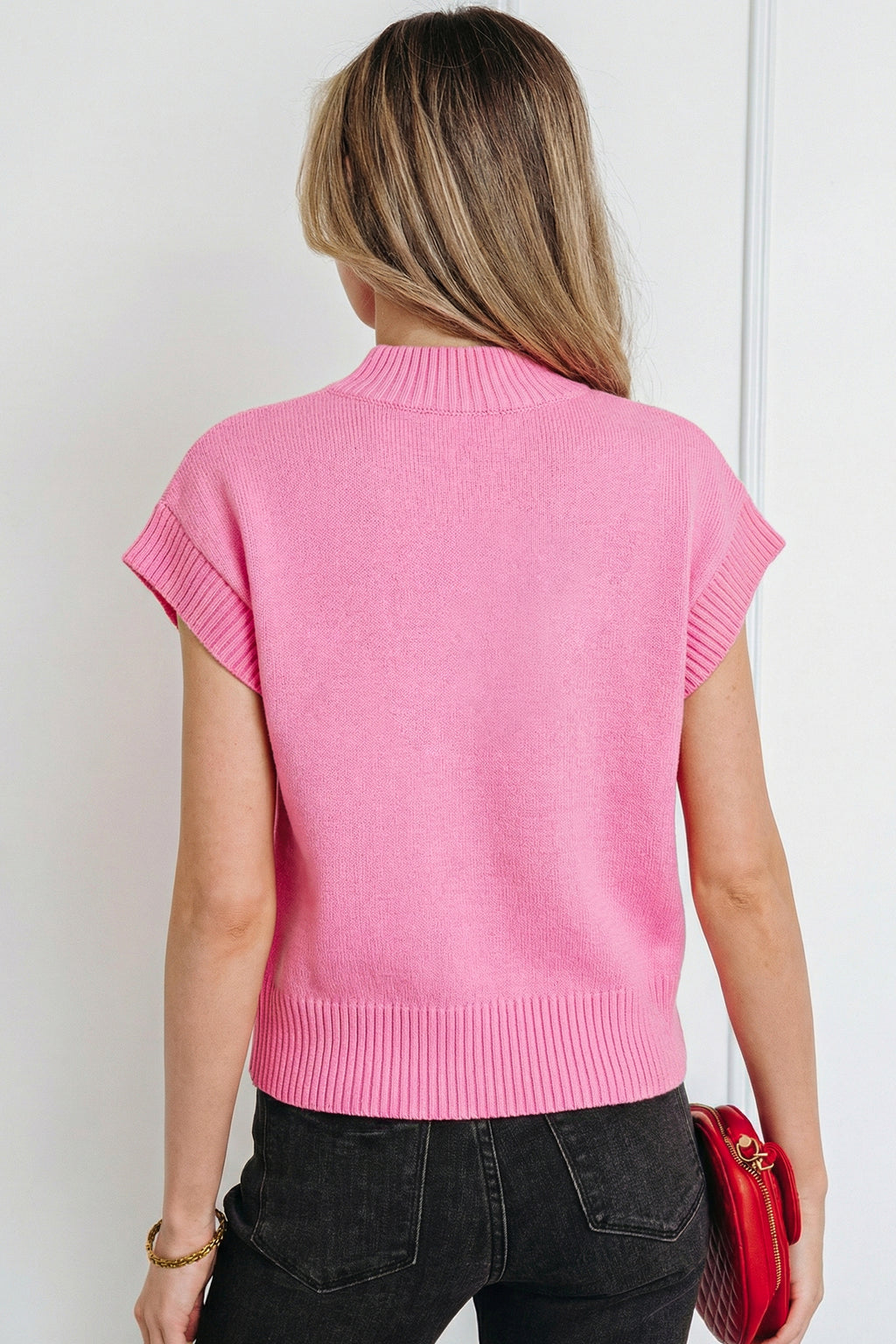 Pink Heart Graphic Cropped Short Sleeve Sweater 🇺🇸